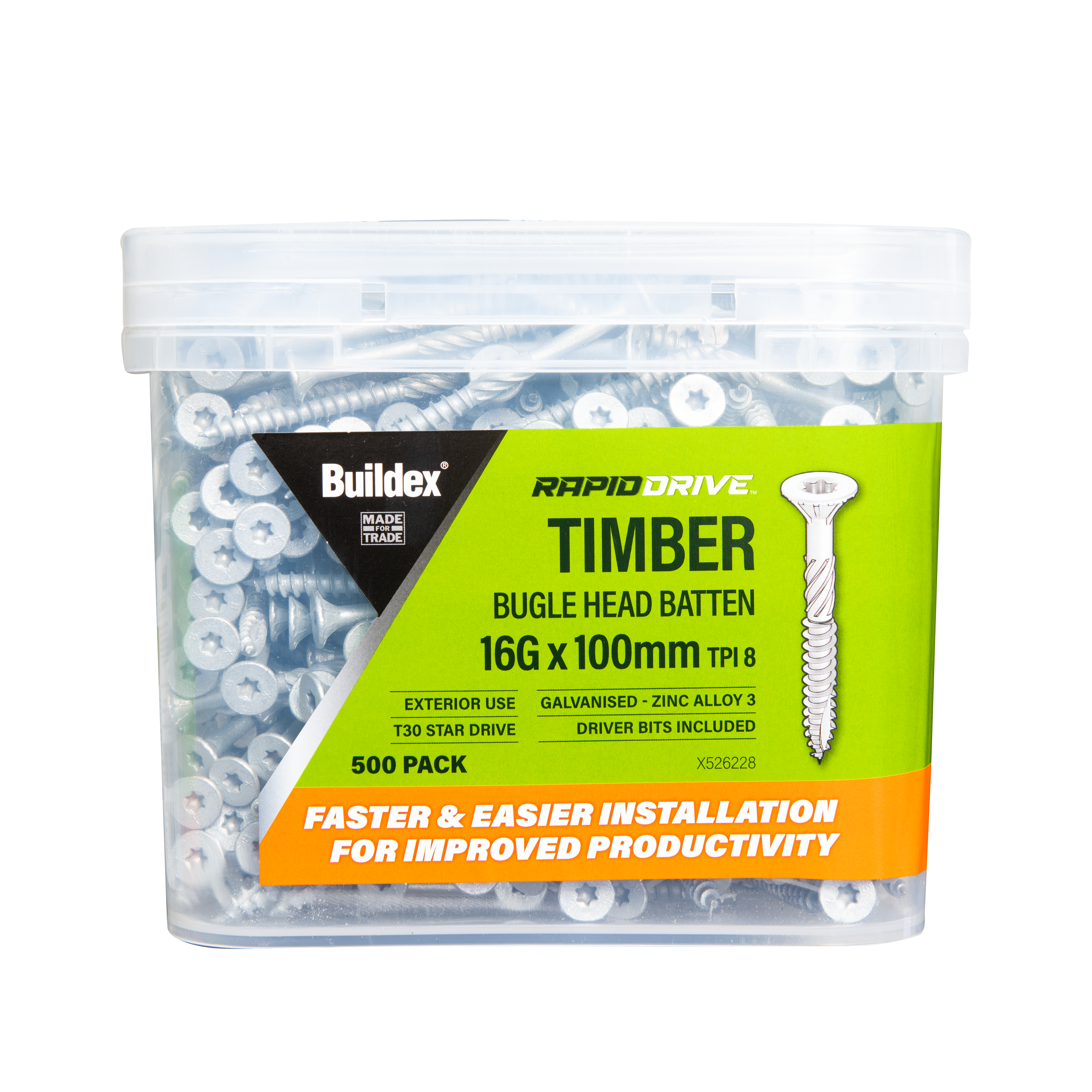 Buildex® RAPIDDRIVE Timber Screws 16G x 100mm – Bugle Head Batten – Galvanised – Zinc Alloy C3 – 500 Pack