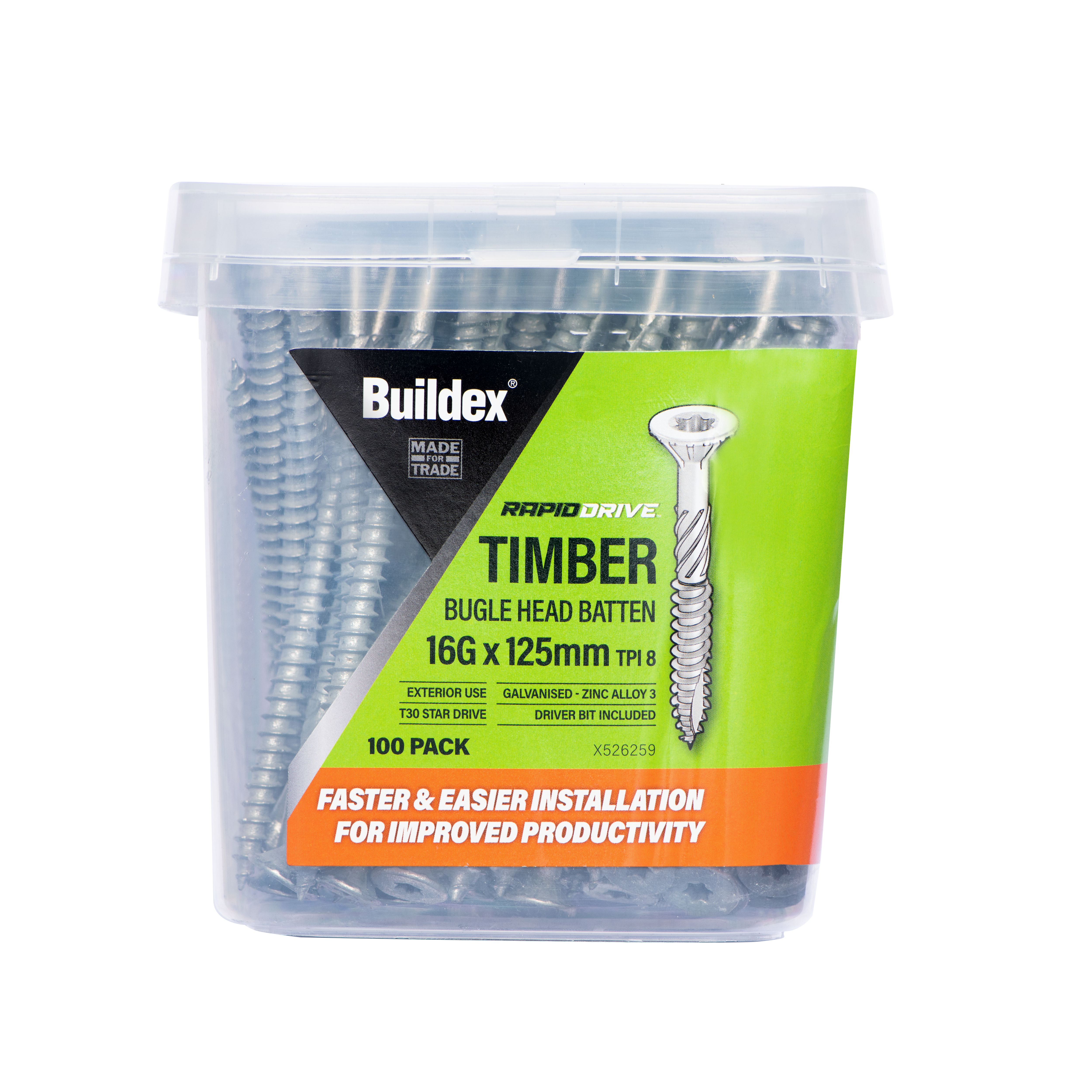 Buildex® RAPIDDRIVE Timber Screws 16G x 125mm – Bugle Head Batten – Galvanised – Zinc Alloy C3 – 100 Pack