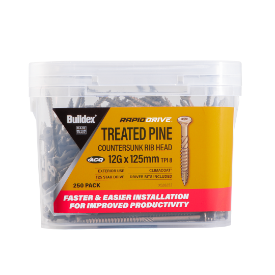 Buildex® RAPIDDRIVE Treated Pine Screws 12G x 125mm – Countersunk Rib Head – Climacoat® 3 – Pack of 250