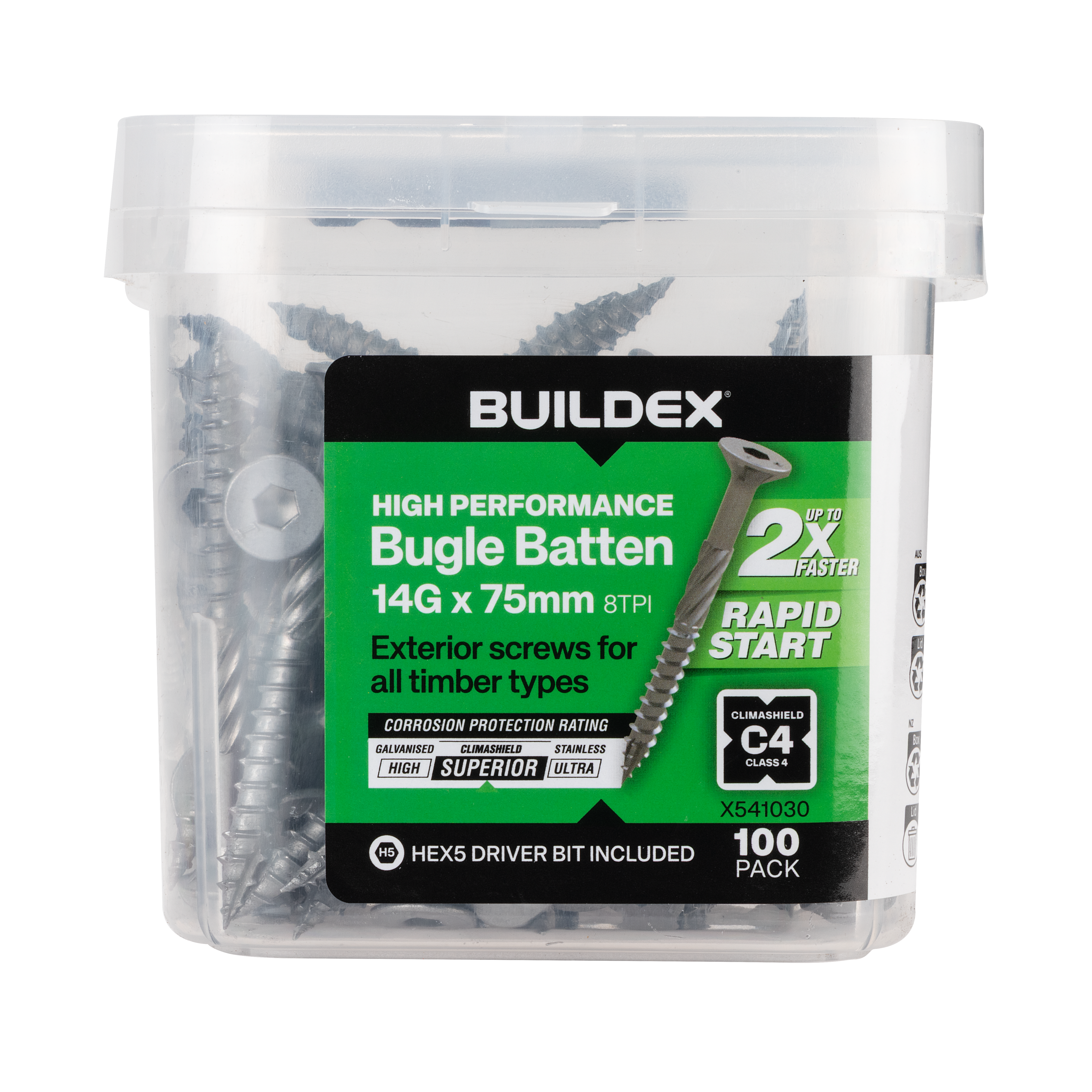 Buildex® High Performance Bugle Batten Screws 14G x 75mm – Hex Head – Climashield Class 4 – 100 Pack