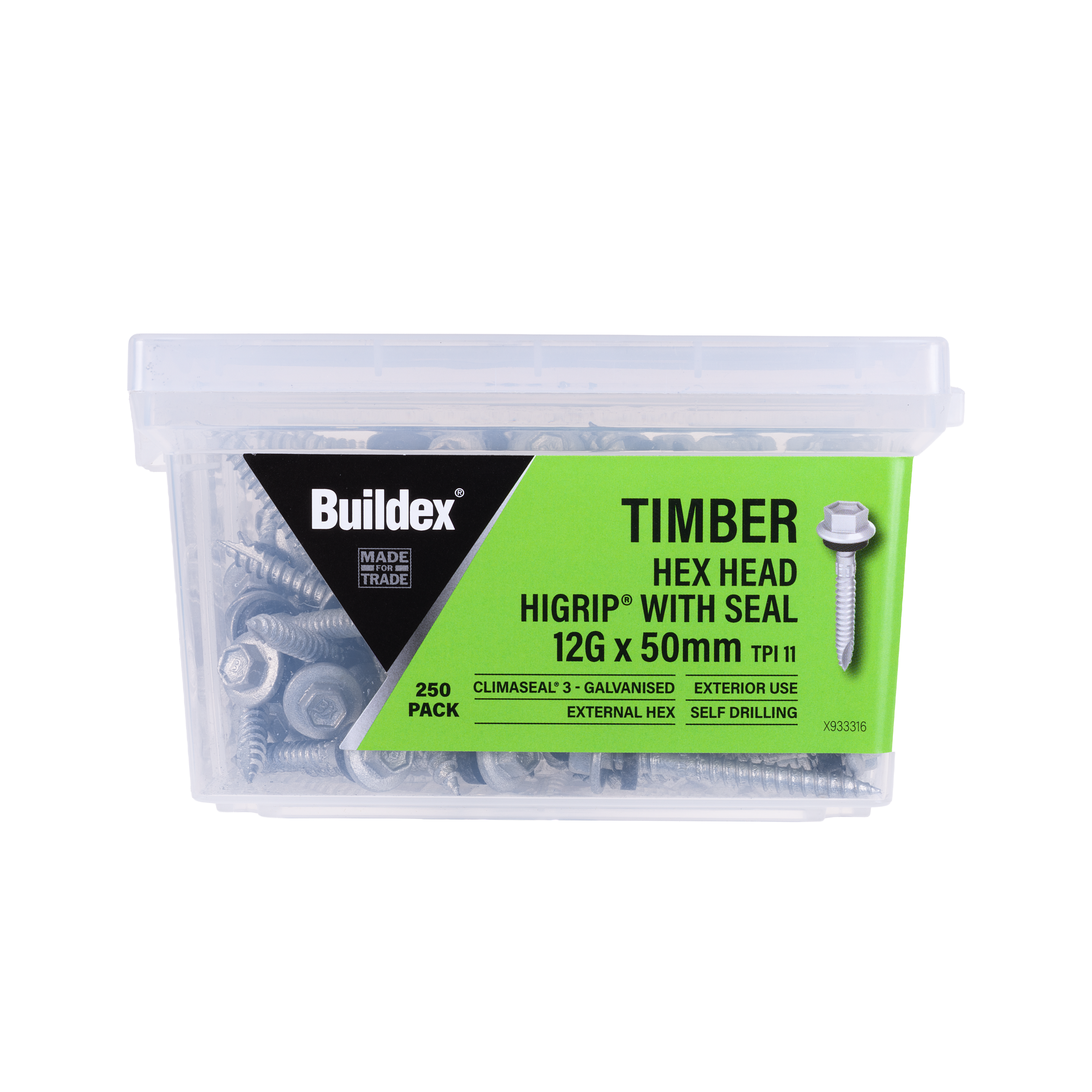 Buildex® Timber Screws 12G x 50mm – Hex Head HiGrip® with Seal – Climaseal® 3 – Pack of 250