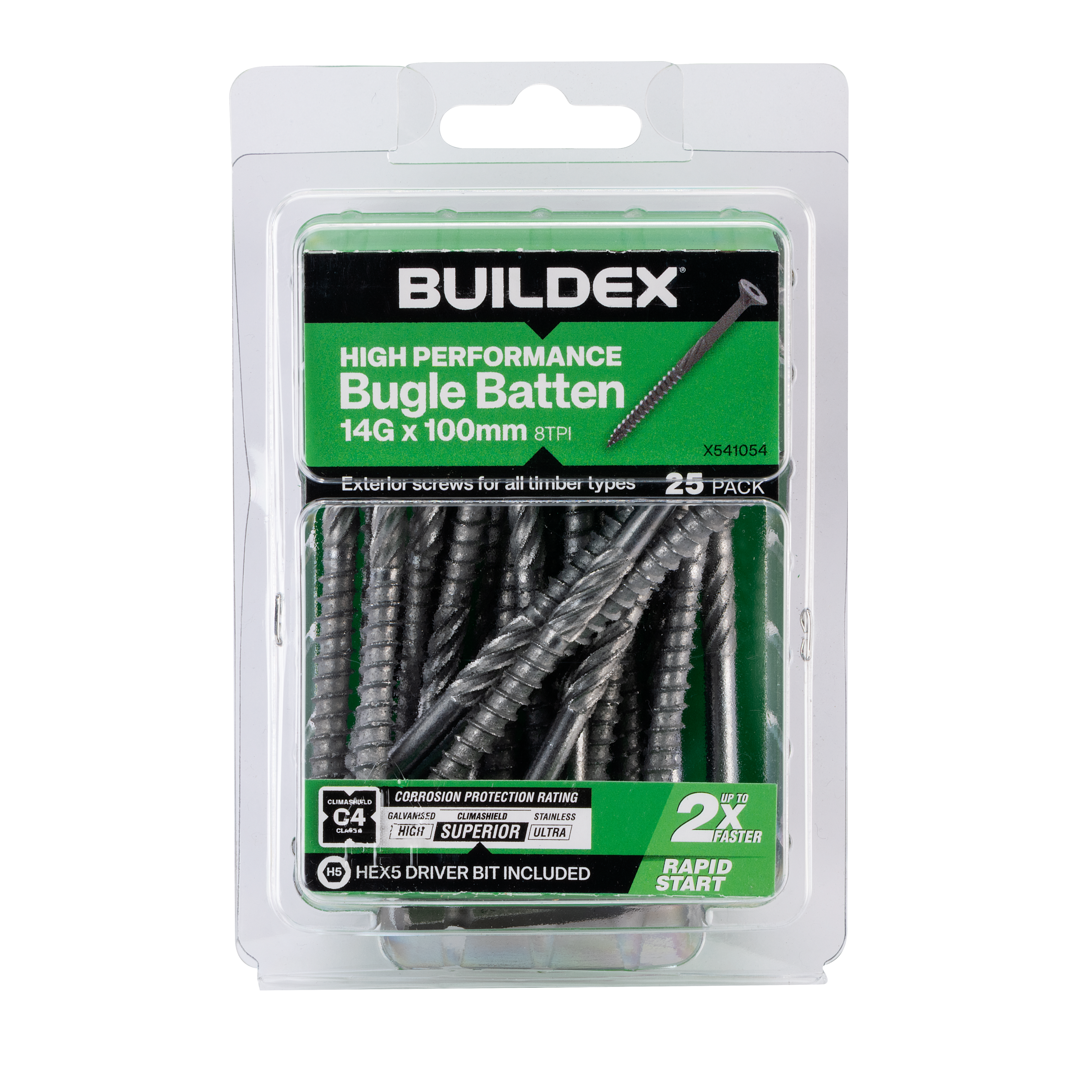 Buildex® High Performance Bugle Batten Screws 14G x 100mm – Hex Head – Climashield Class 4 – 25 Pack