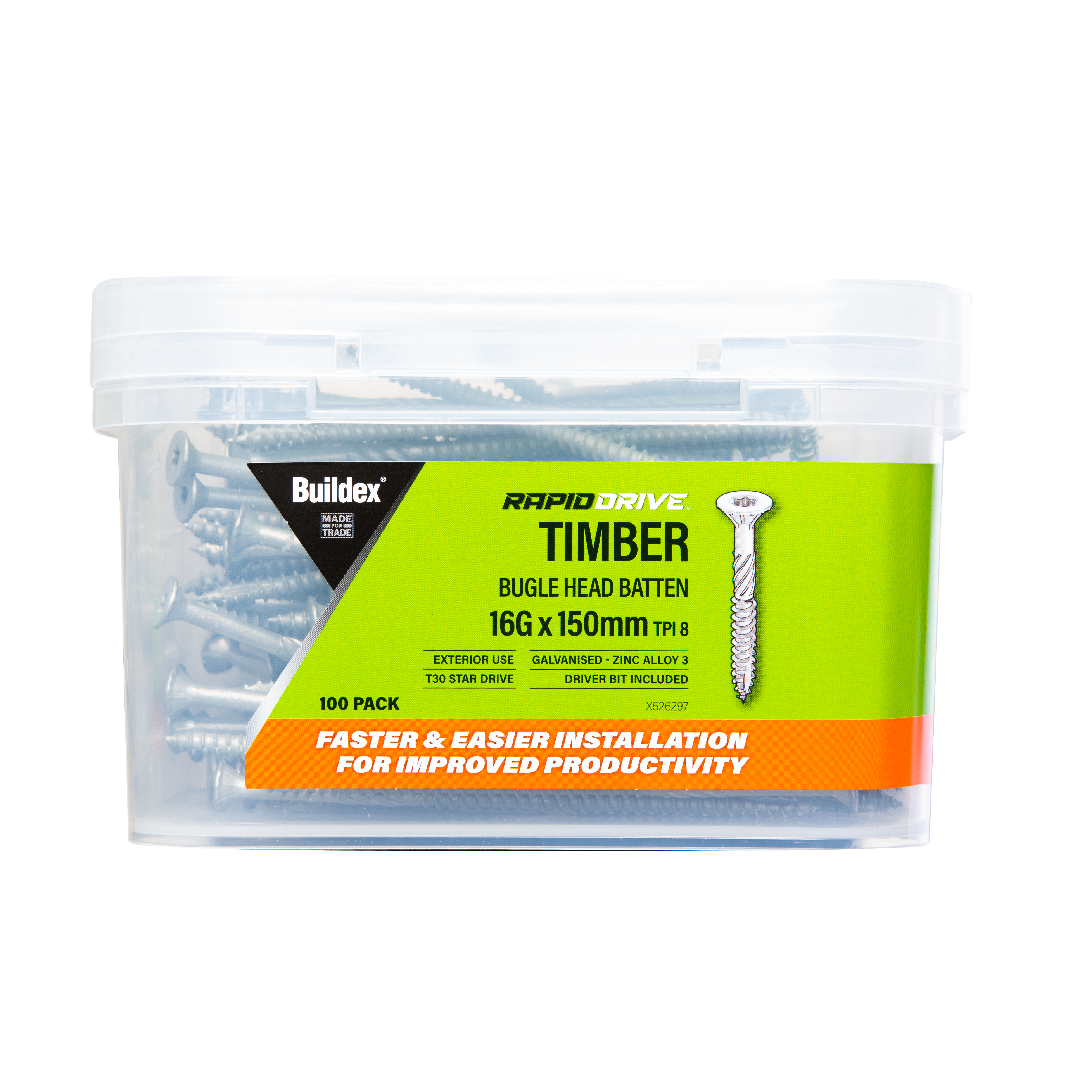 Buildex® RAPIDDRIVE Timber Screws 16G x 150mm – Bugle Head Batten – Galvanised – Zinc Alloy C3 – 100 Pack