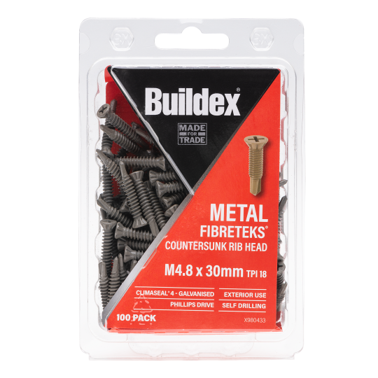Buildex® Metal FibreTEKS® Screws M4.8 x 30mm – Countersunk Rib Head – Climaseal® 4 – 100 Pack