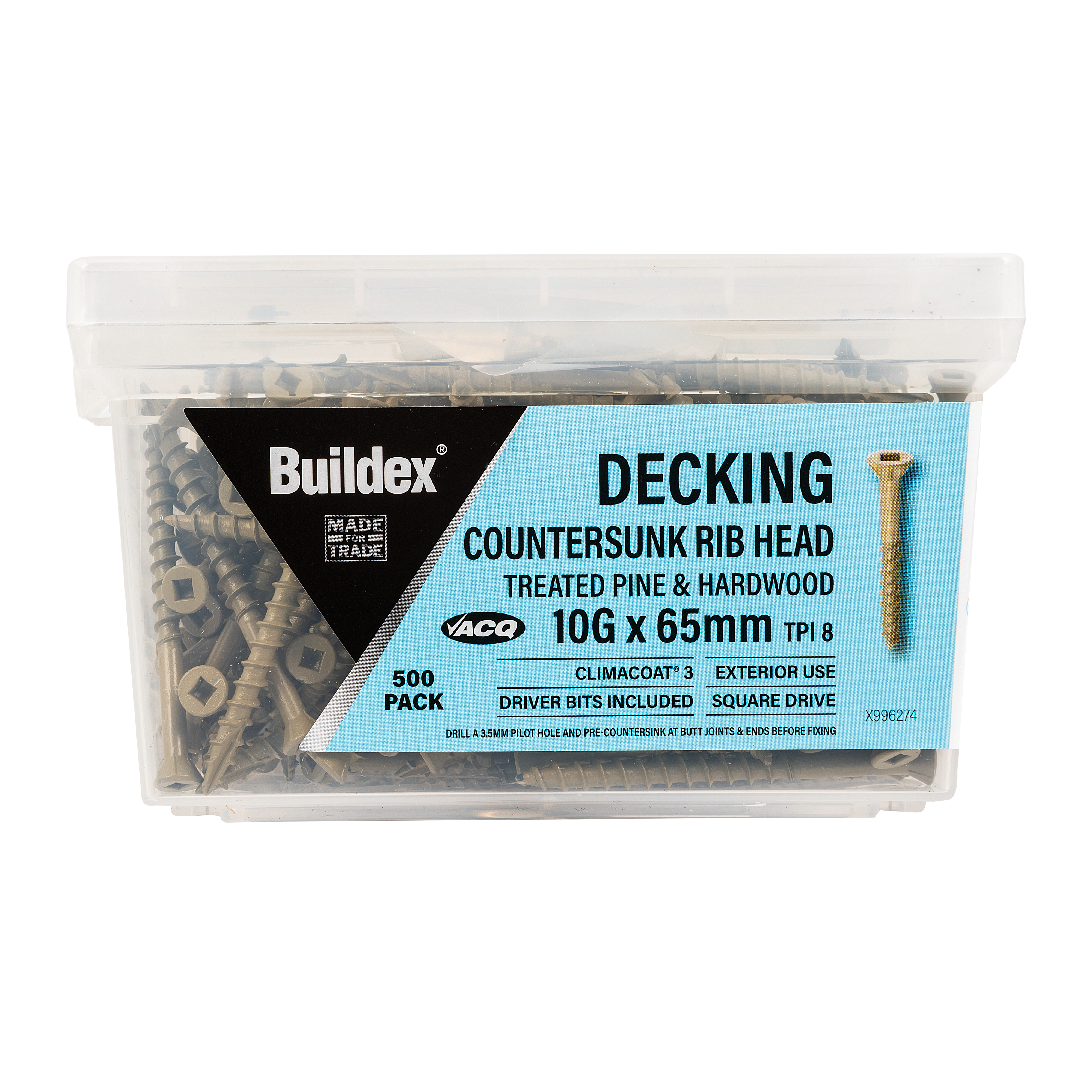 Buildex® Decking Screw 10G x 65mm – Countersunk Rib Head – Climacoat® 3 – Pack of 500