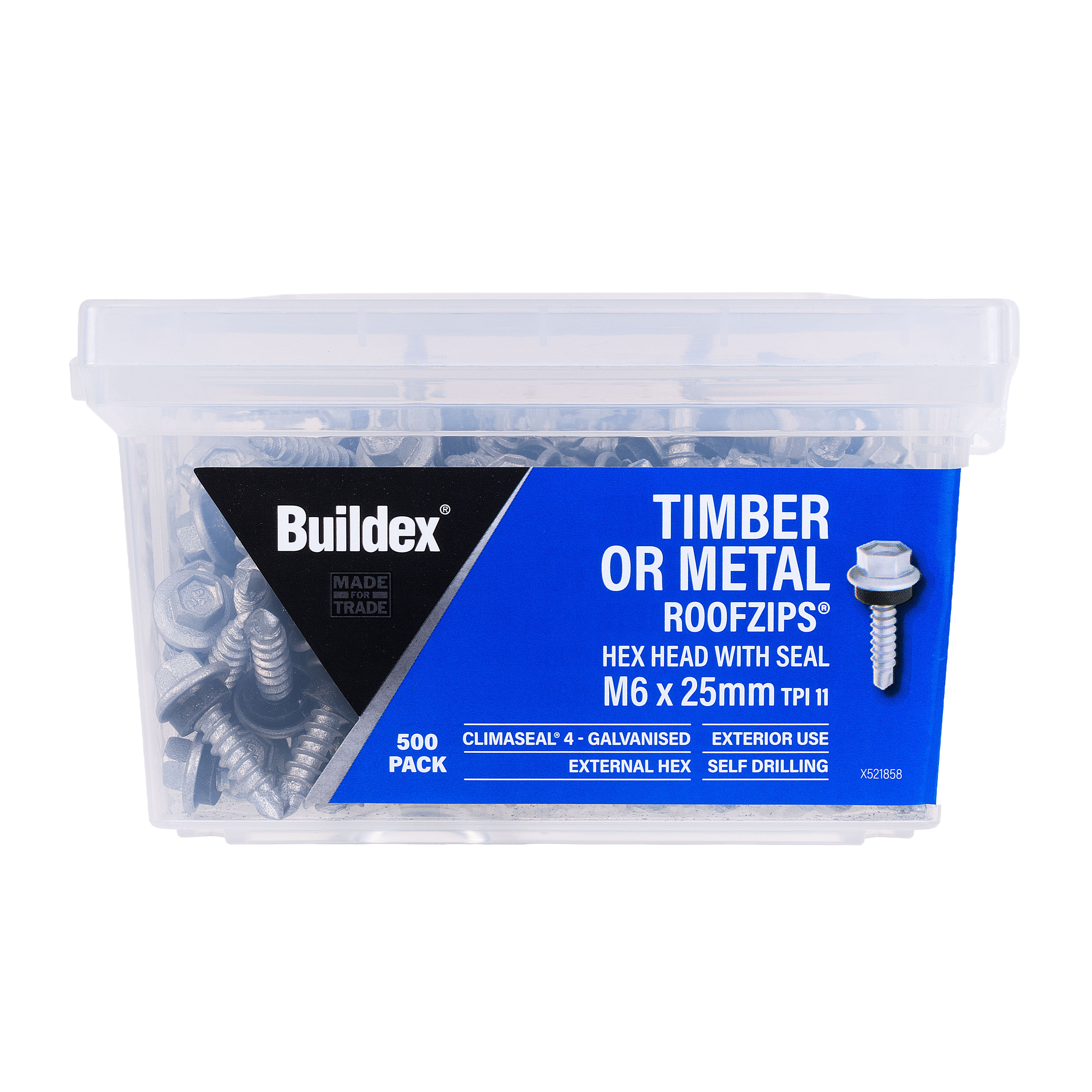 Buildex® Timber or Metal ROOFZIPS® Screws M6 x 25mm – Hex Head with Seal – Climaseal® 4 – 500 Pack