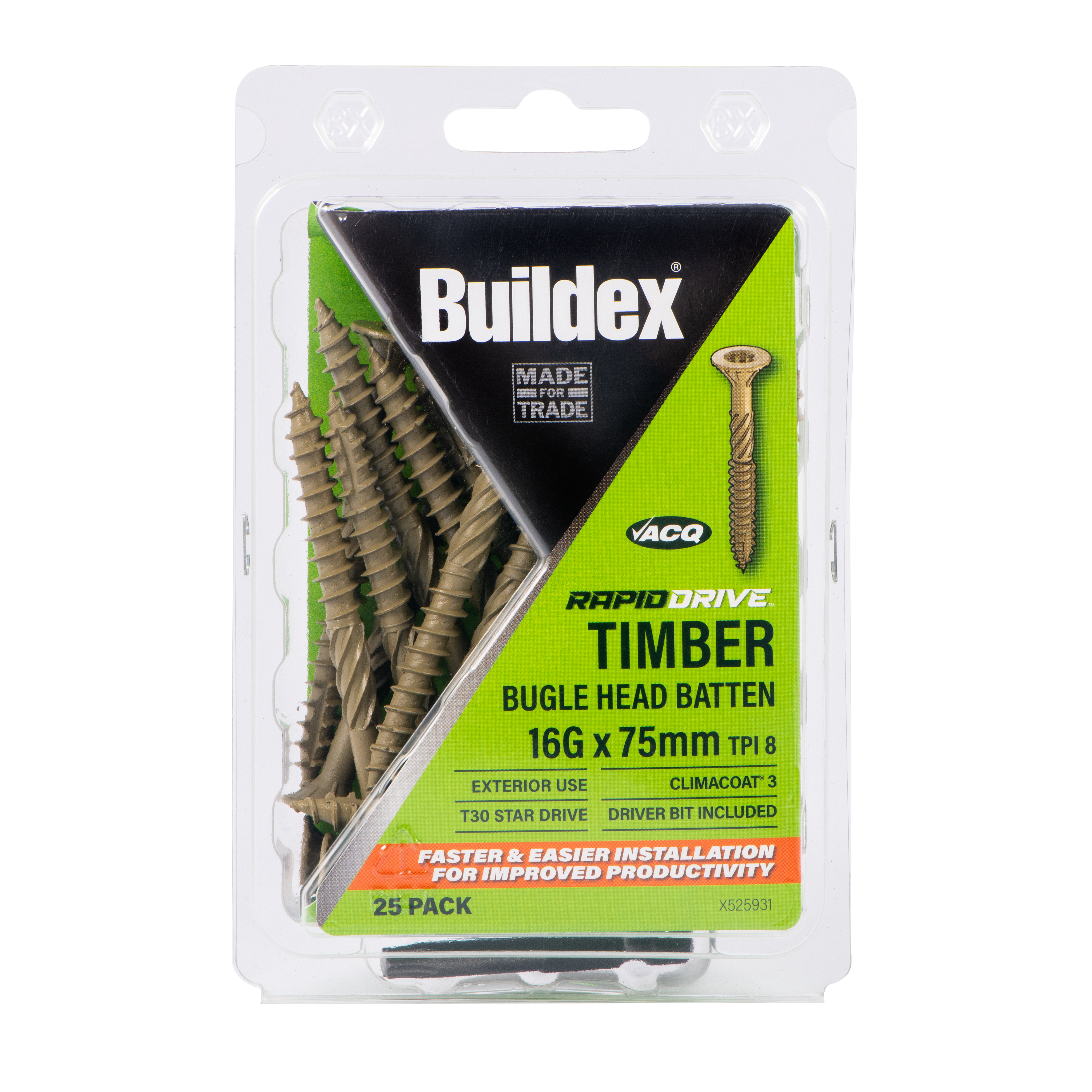 Buildex® RAPIDDRIVE Timber Screws 16G x 75mm – Bugle Head Batten – Climacoat® – 25 Pack