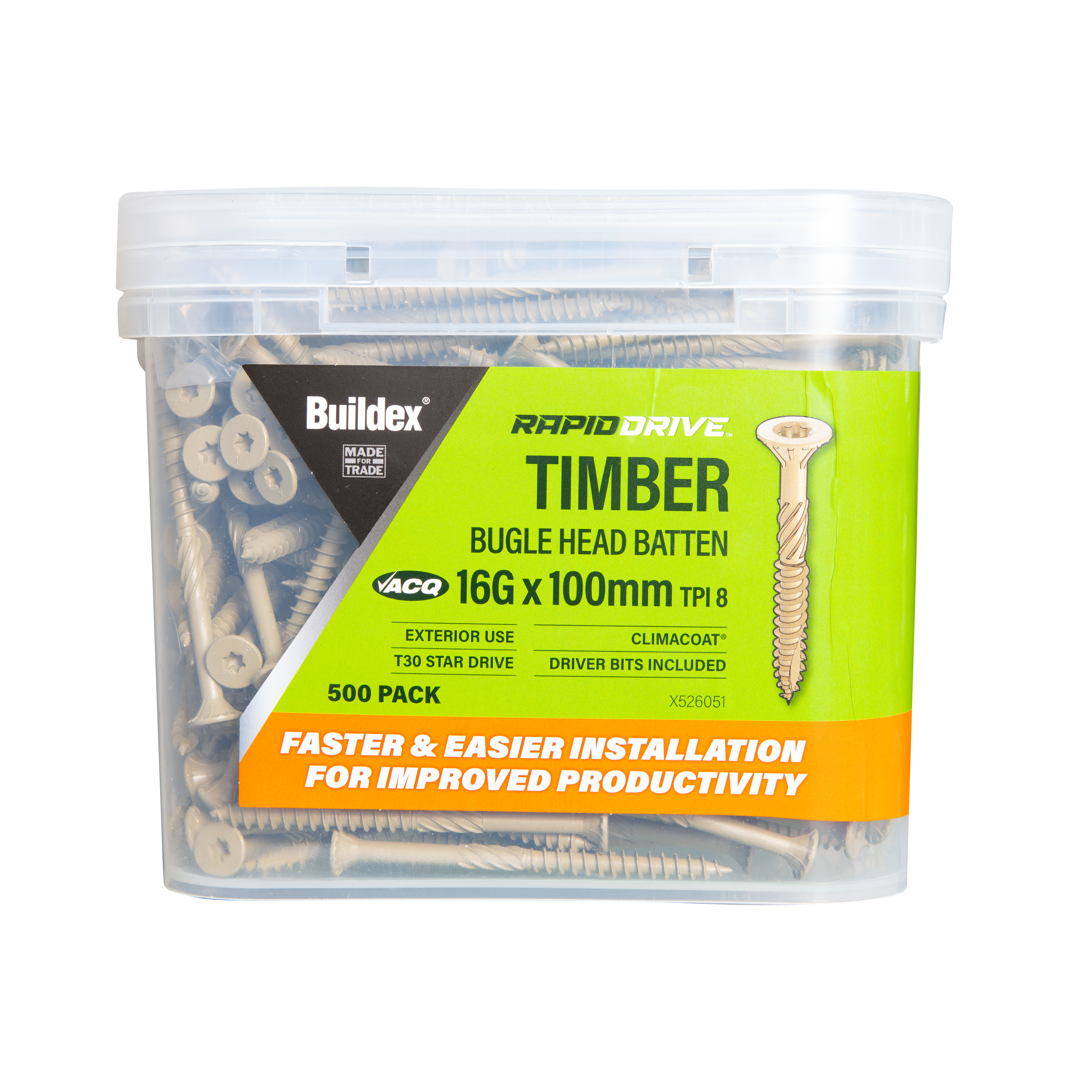 Buildex® RAPIDDRIVE Timber Screws 16G x 100mm – Bugle Head Batten – Climacoat® – 500 Pack