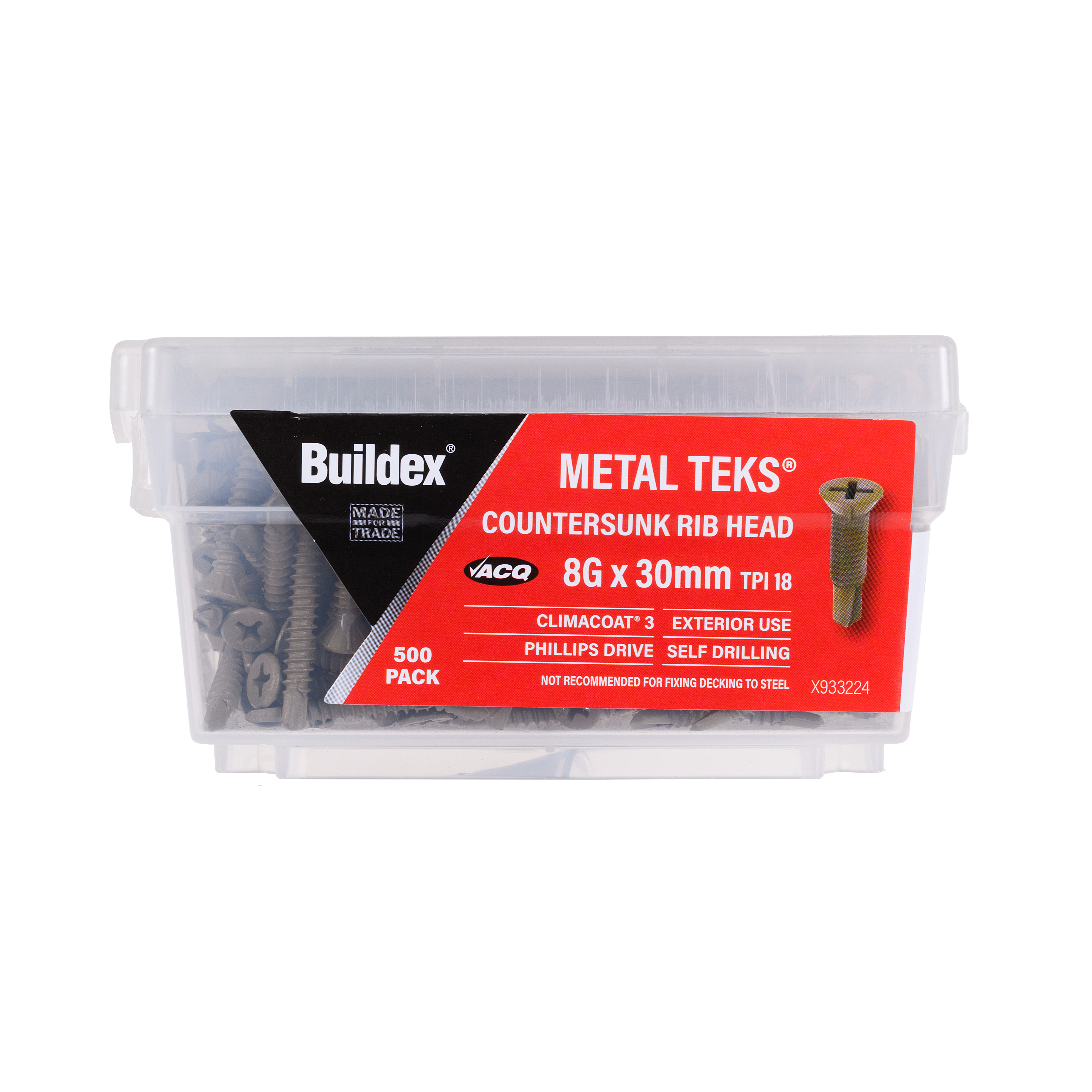 Buildex® Metal TEKS® Screws 8G x 30mm – Countersunk Rib Head – Climacoat® 3 – Pack of 500