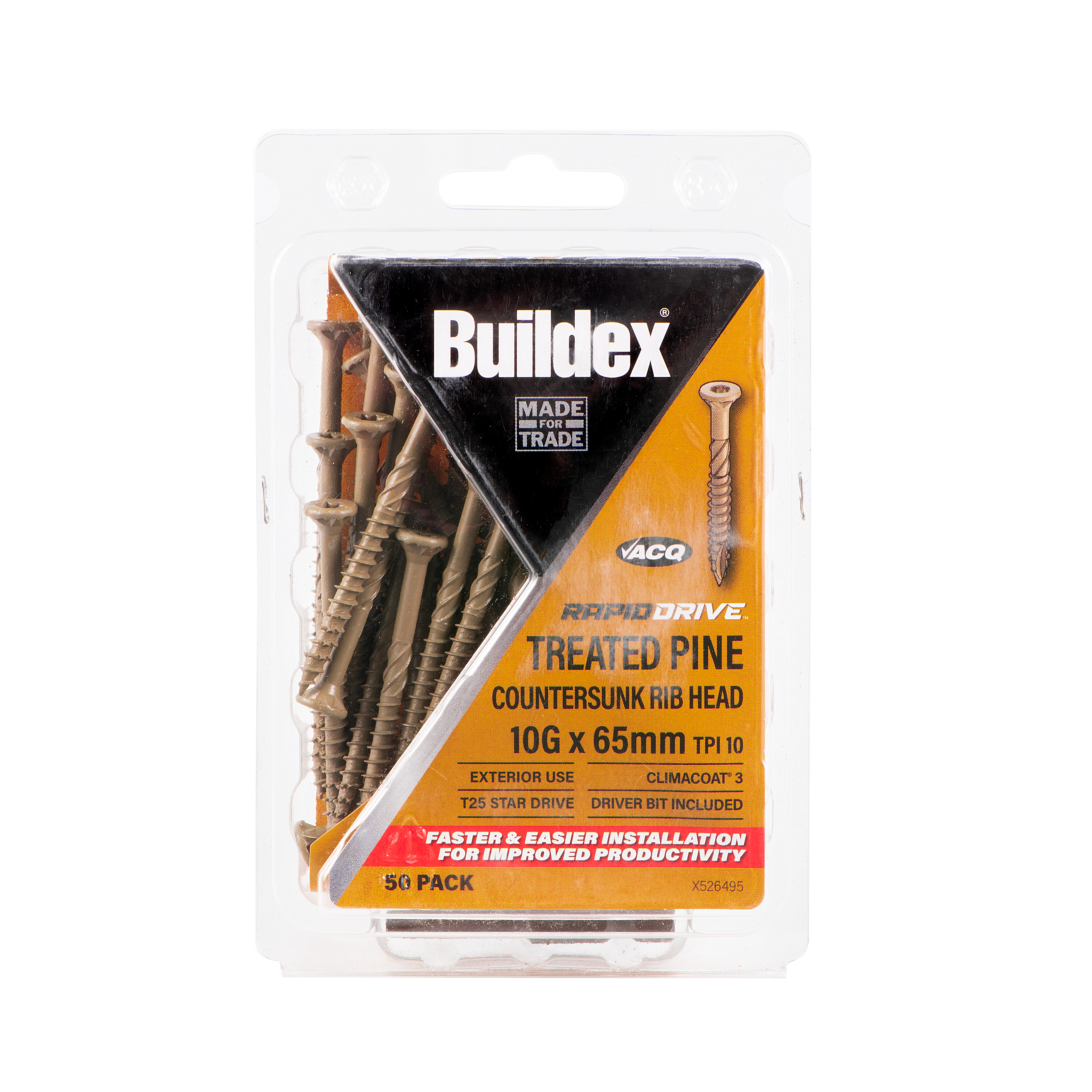 Buildex® RAPIDDRIVE Treated Pine Screws 10G x 65mm – Countersunk Rib Head – Climacoat® 3 – Pack of 50