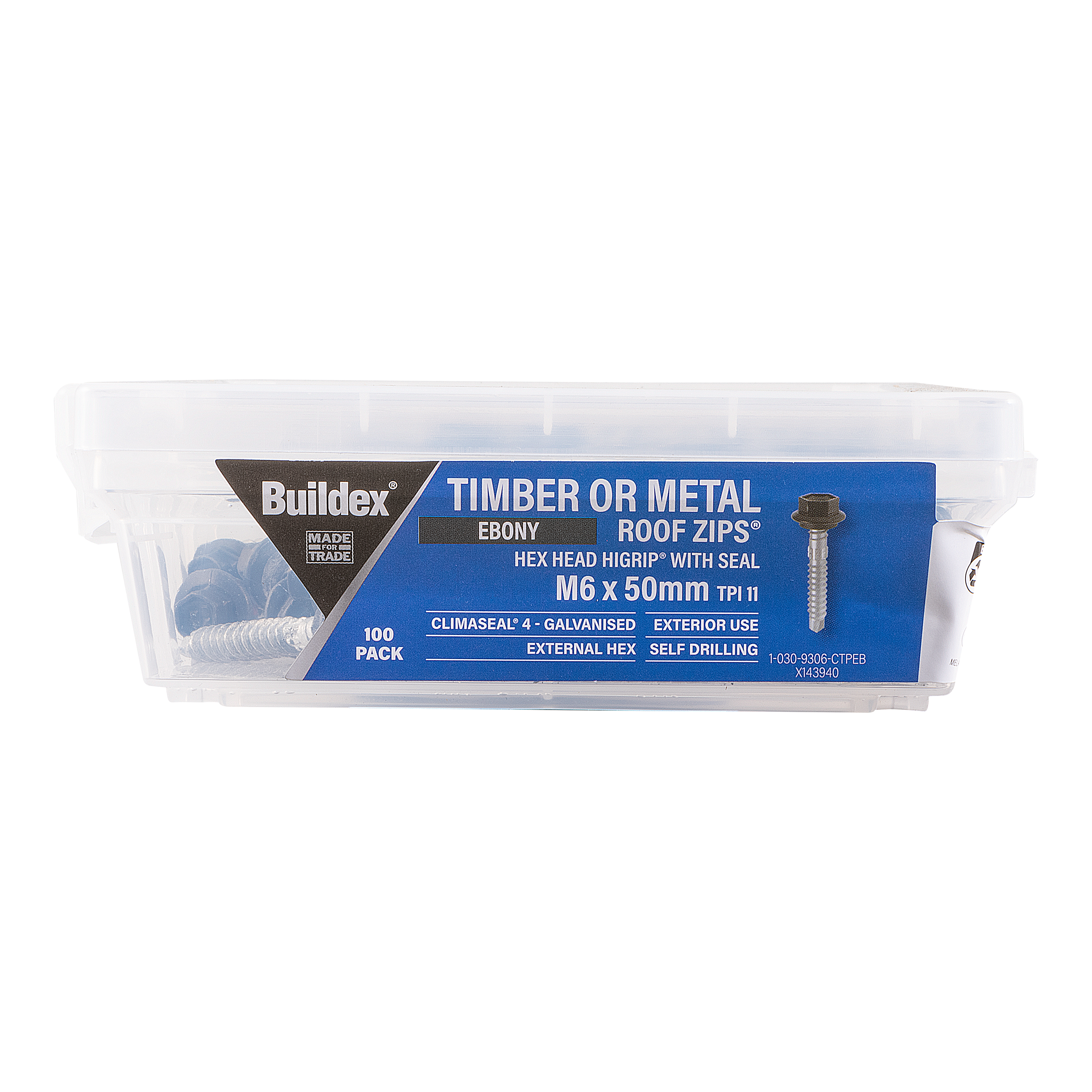 Buildex® Timber or Metal RoofZIPS® M6 x 50mm – Ebony – Hex Head HiGrip® with Seal – Climaseal® 4 – Pack of 100