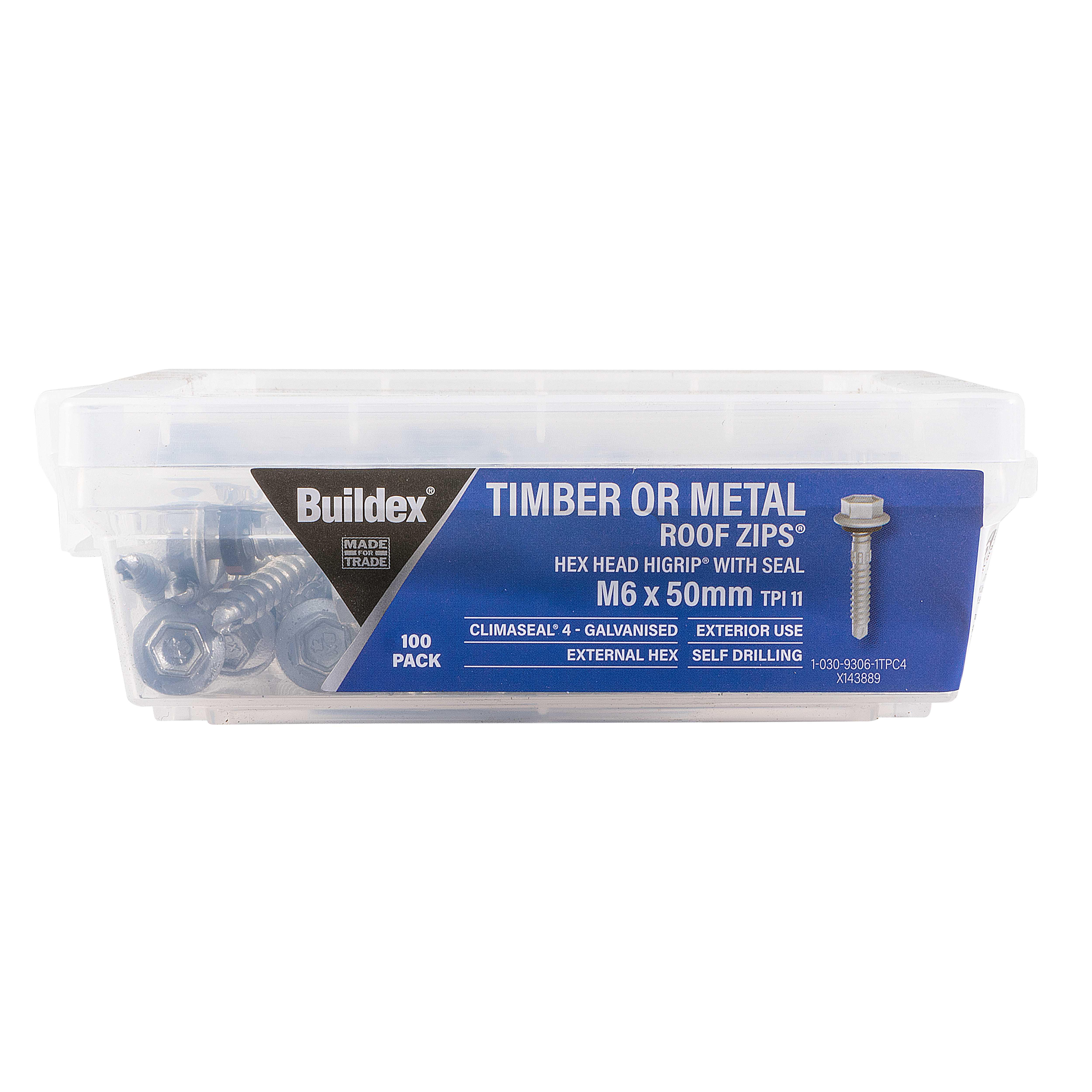 Buildex® Timber or Metal RoofZIPS® M6 x 50mm – Hex Head HiGrip® with Seal – Climaseal® 4 – Pack of 100