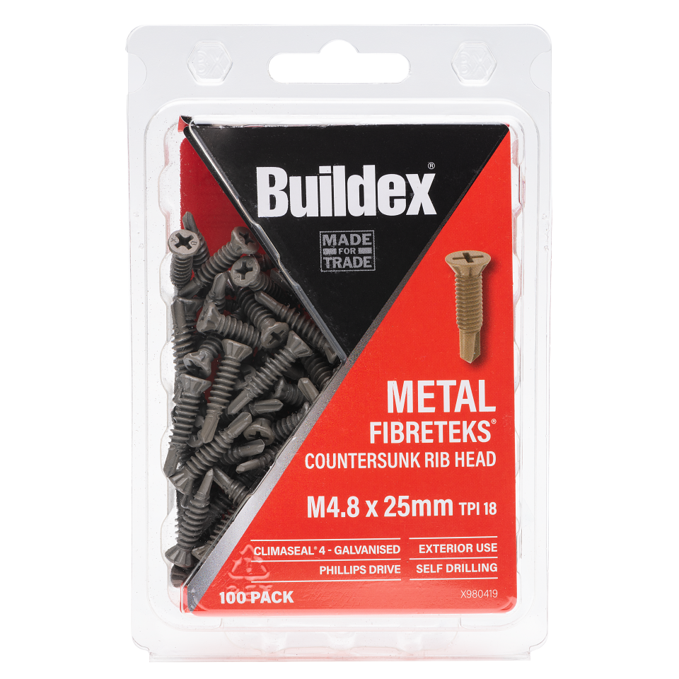 Buildex® Metal FibreTEKS® Screws M4.8 x 25mm – Countersunk Rib Head – Climaseal® 4 – 100 Pack