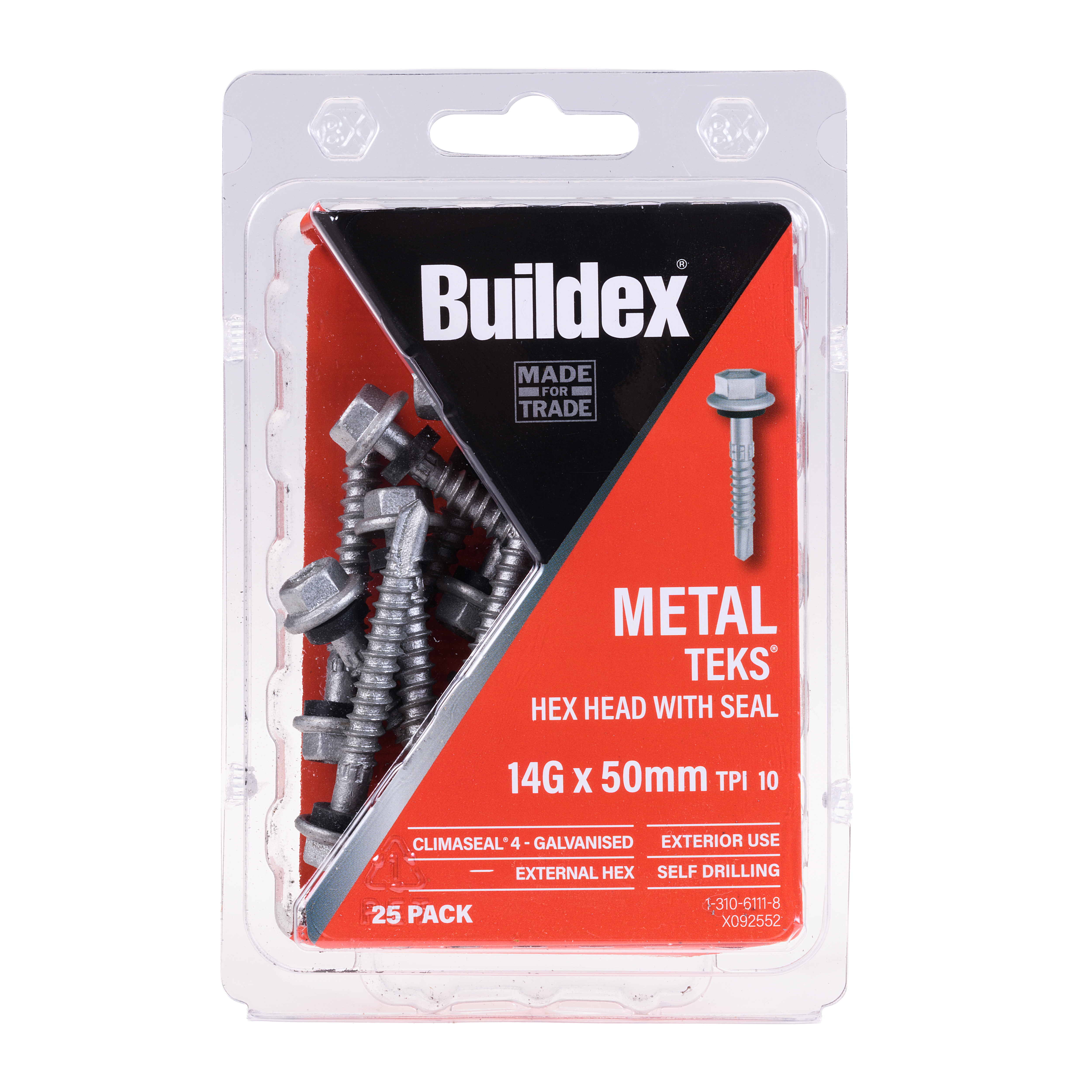 Buildex® Roofing TEKS® Screws 14G x 50mm – Hex Head with Seal – Climaseal® 3 – Pack of 25
