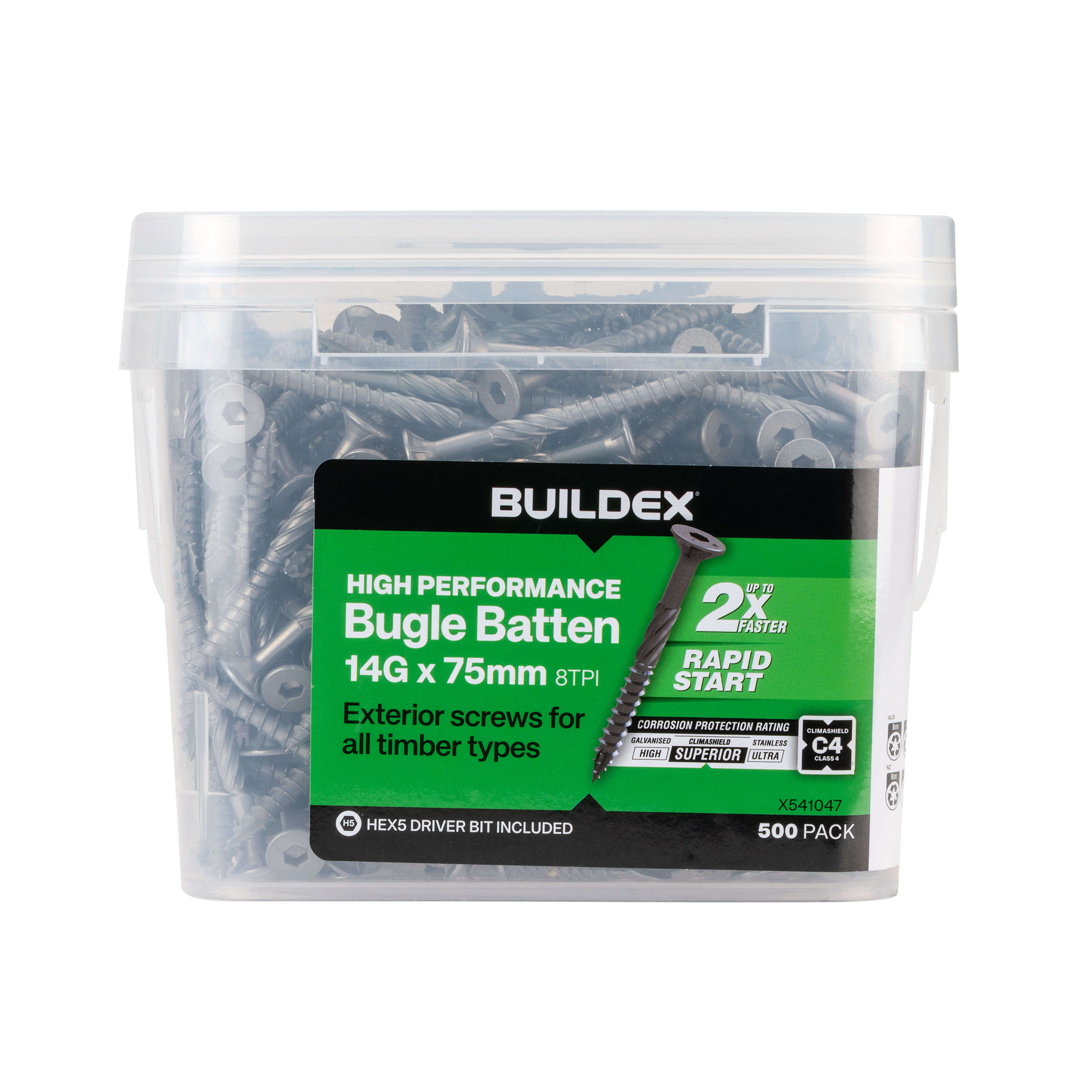 Buildex® High Performance Bugle Batten Screws 14G x 75mm – Hex Head – Climashield Class 4 – 500 Pack