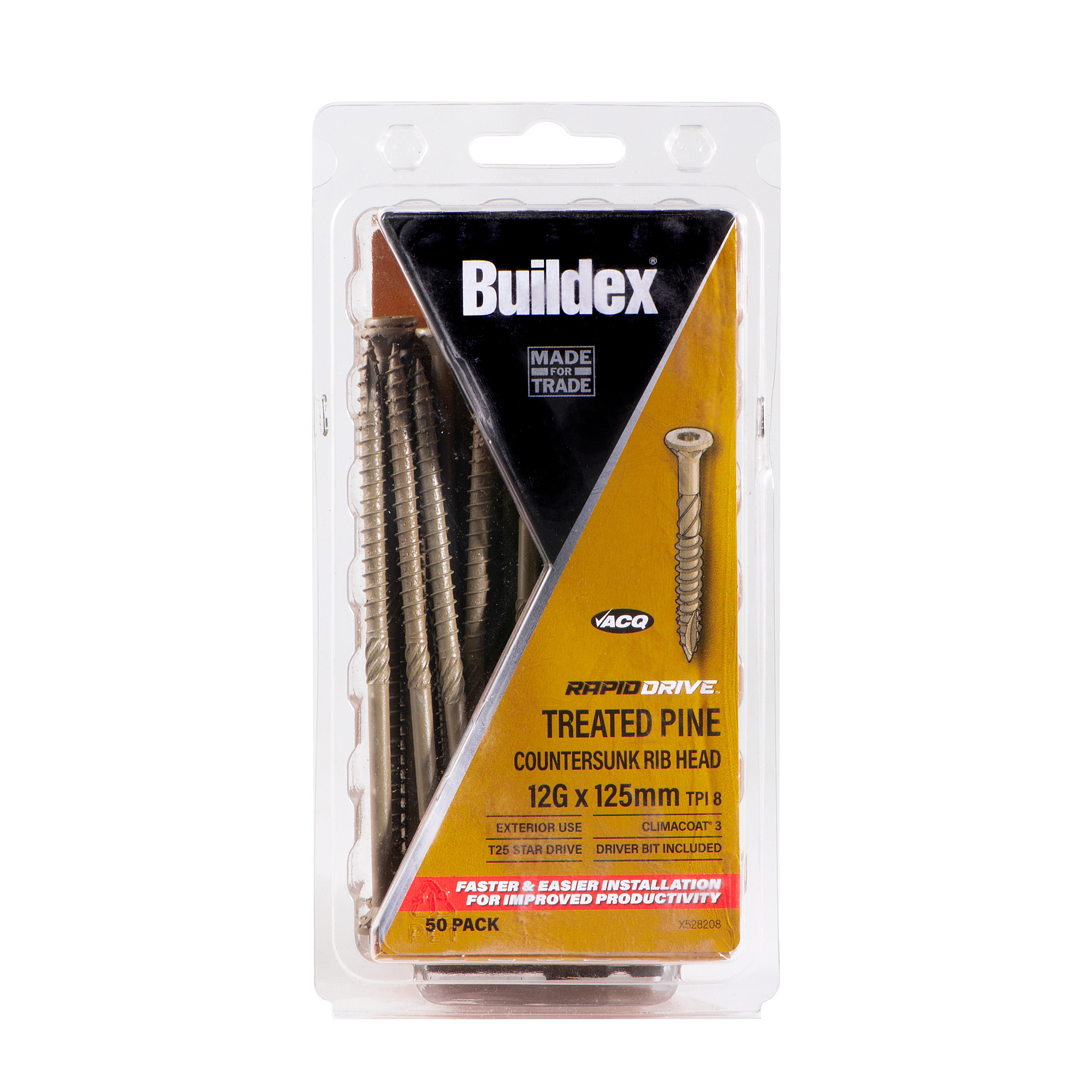 Buildex® RAPIDDRIVE Treated Pine Screws 12G x 125mm – Countersunk Rib Head – Climacoat® 3 – Pack of 50