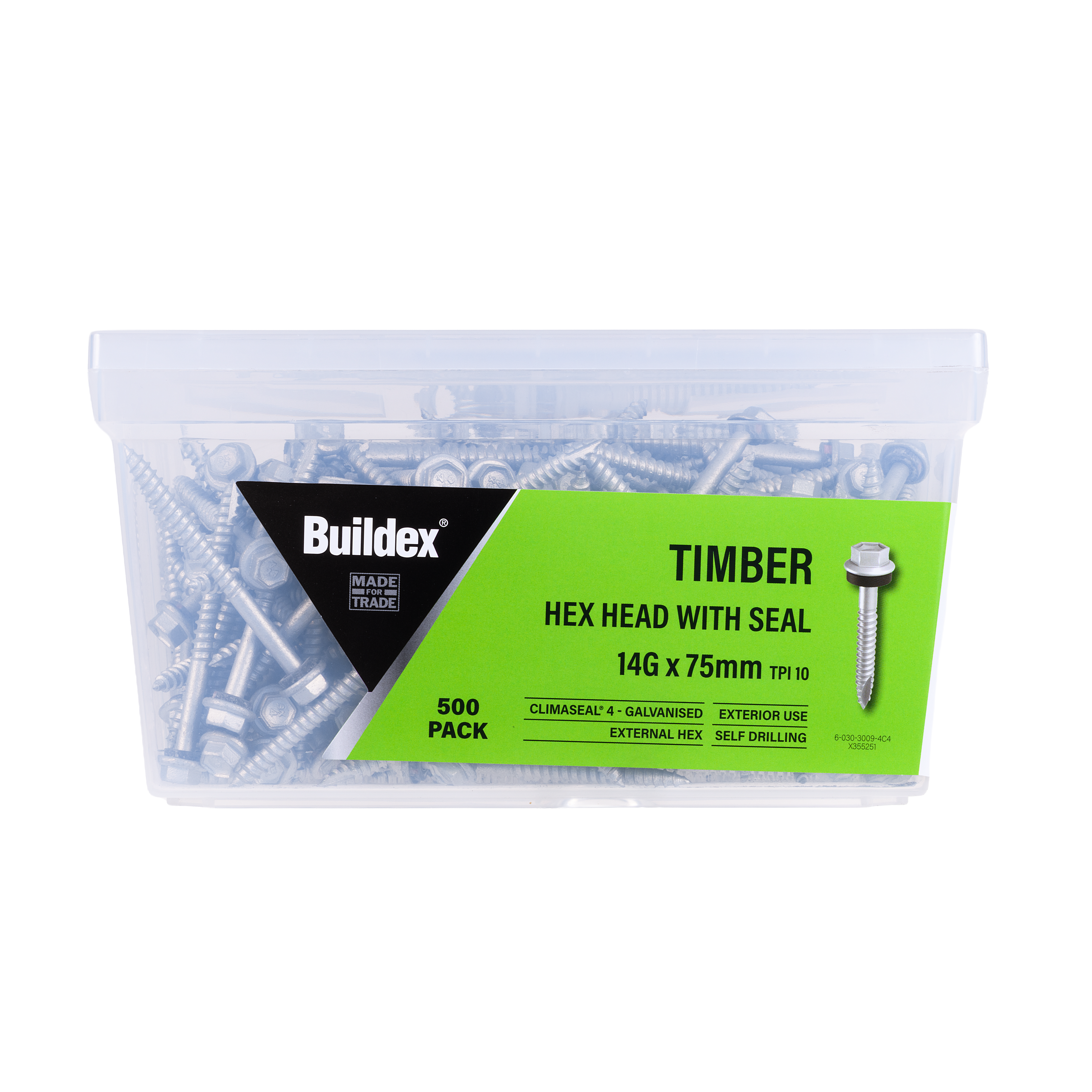Buildex® Timber Screws 14G x 75mm – Hex Head with Seal – Climaseal® 4 – Pack of 500