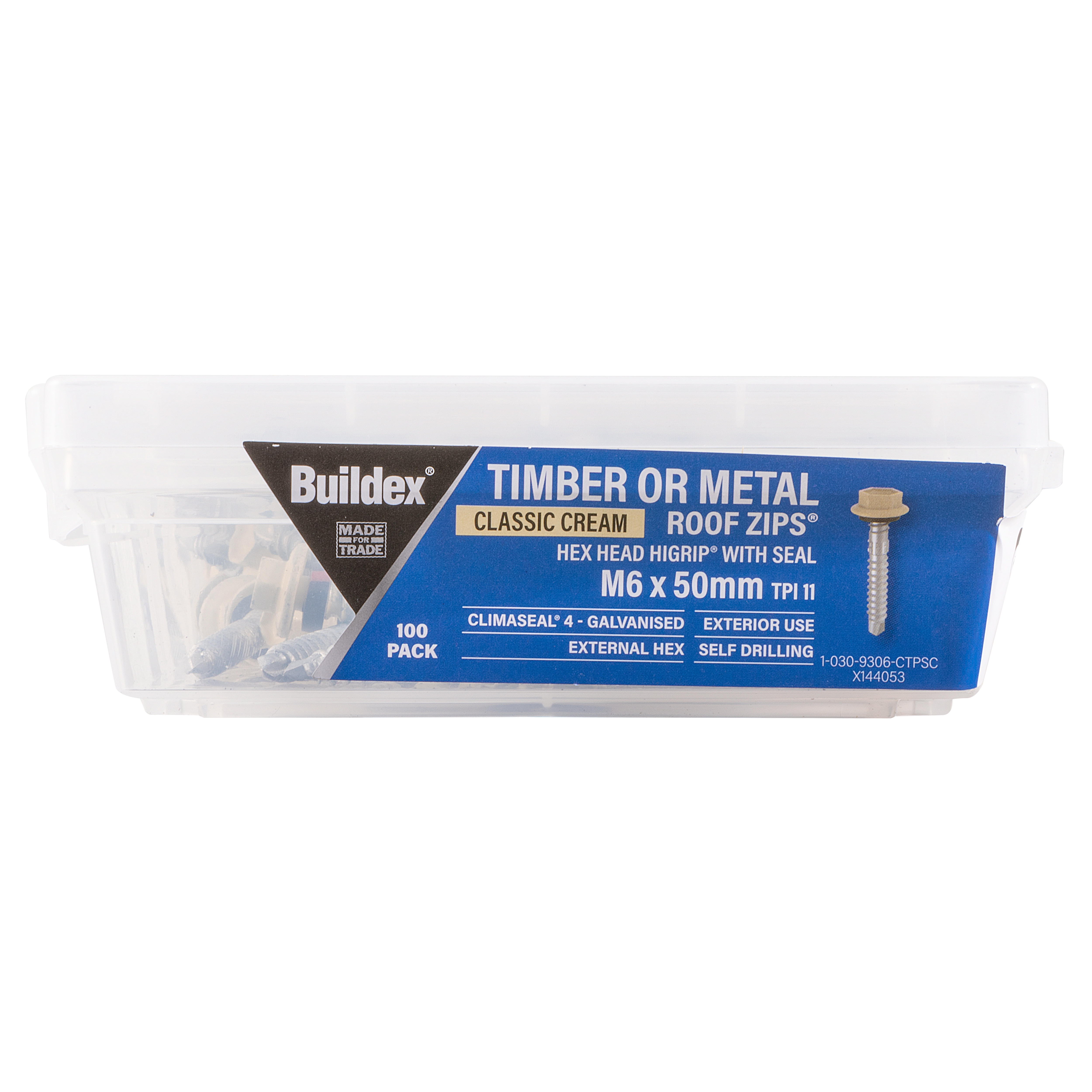 Buildex® Timber or Metal RoofZIPS® M6 x 50mm – Classic Cream – Hex Head HiGrip® with Seal – Climaseal® 4 – Pack of 100