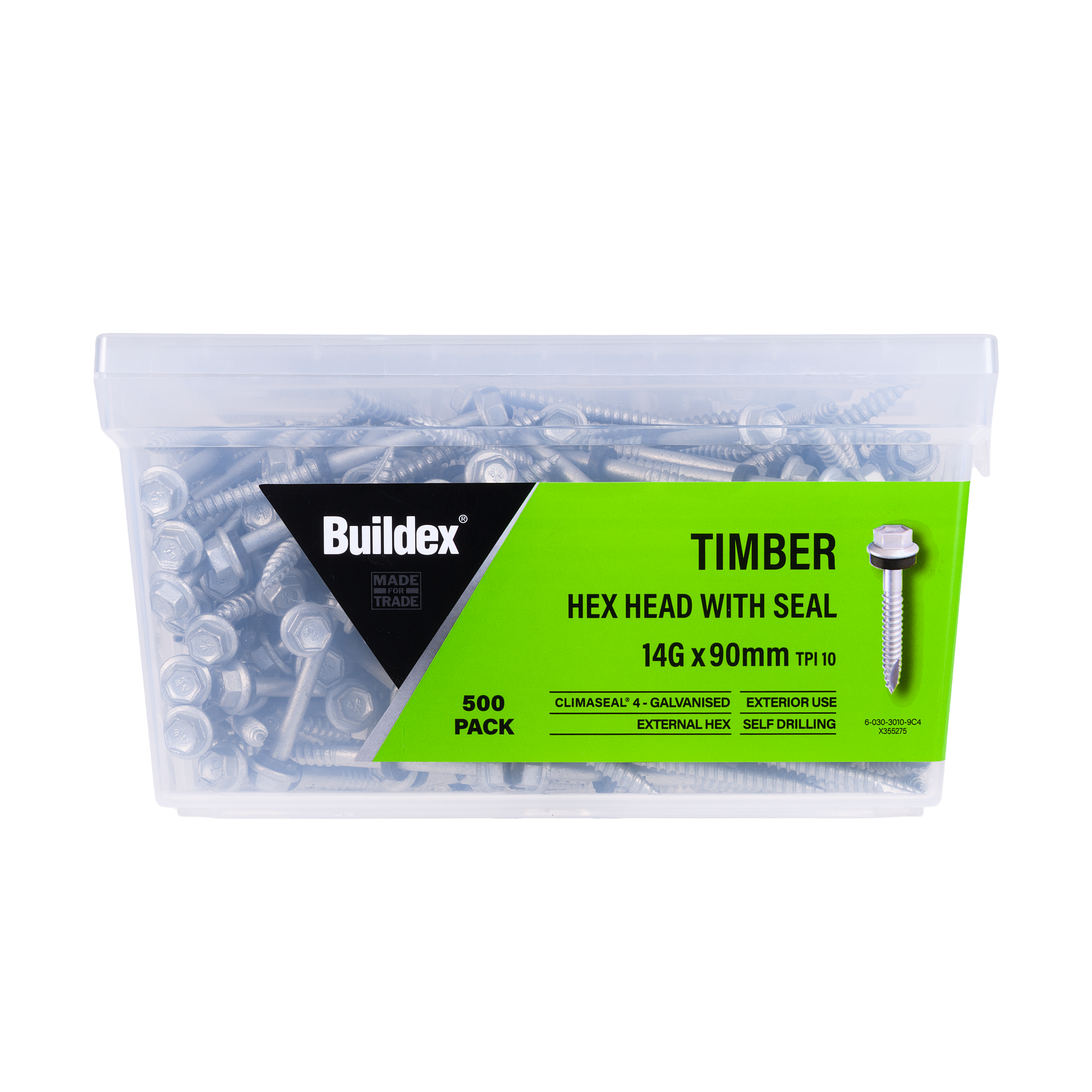 Buildex® Timber Screws 14G x 90mm – Hex Head with Seal – Climaseal® 4 – Pack of 500