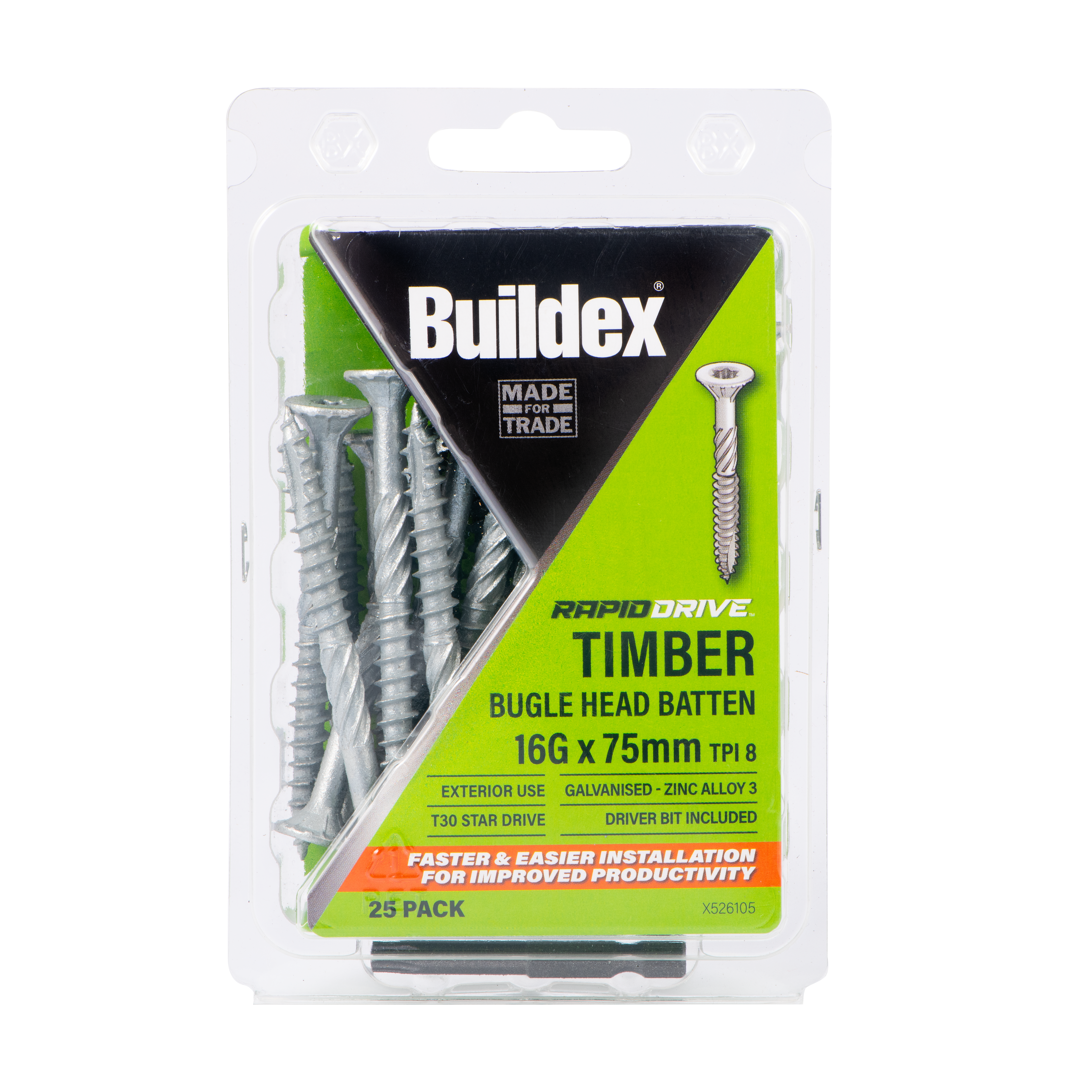 Buildex® RAPIDDRIVE Timber Screws 16G x 75mm – Bugle Head Batten – Galvanised – Zinc Alloy C3 – 25 Pack