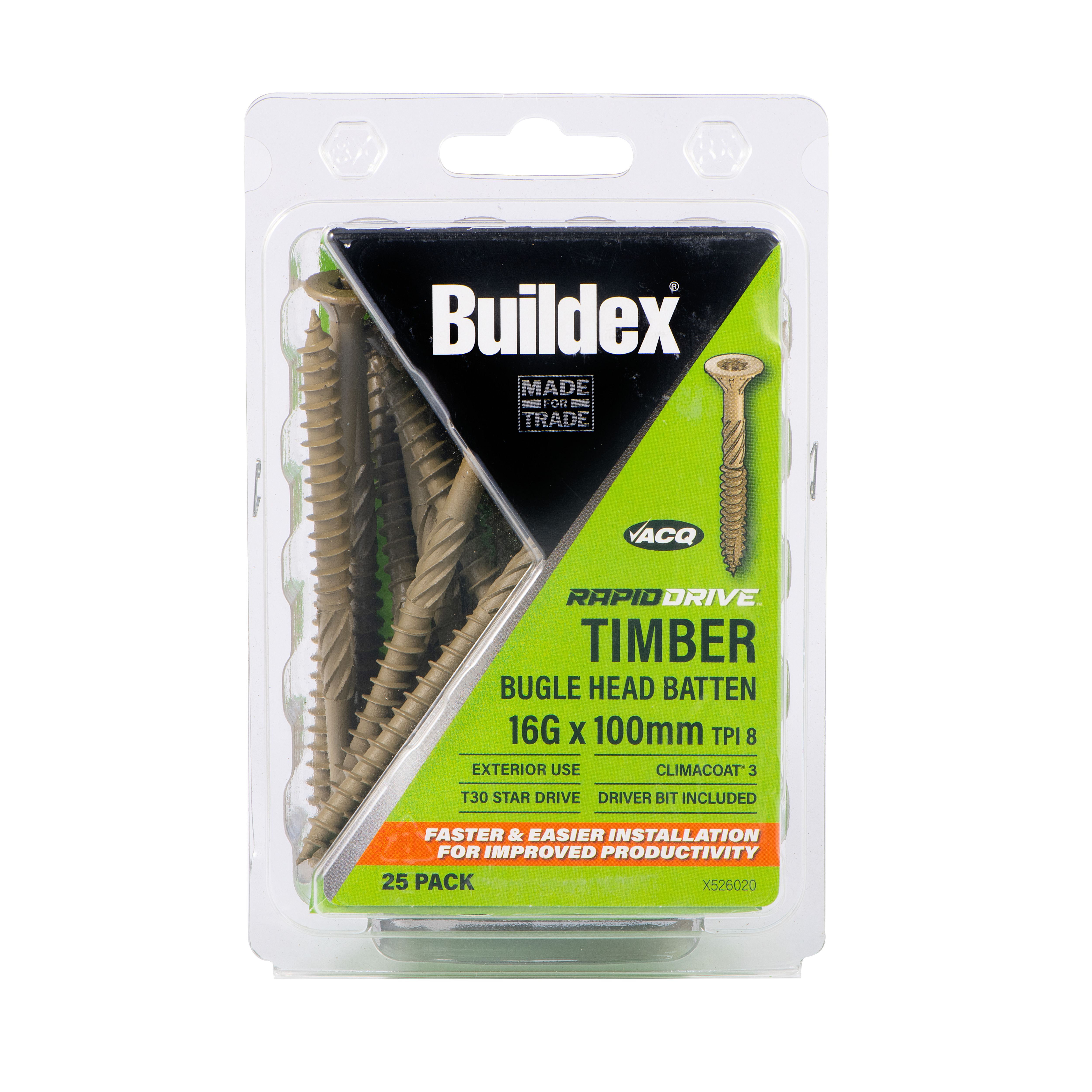 Buildex® RAPIDDRIVE Timber Screws 16G x 100mm – Bugle Head Batten – Climacoat® – 25 Pack