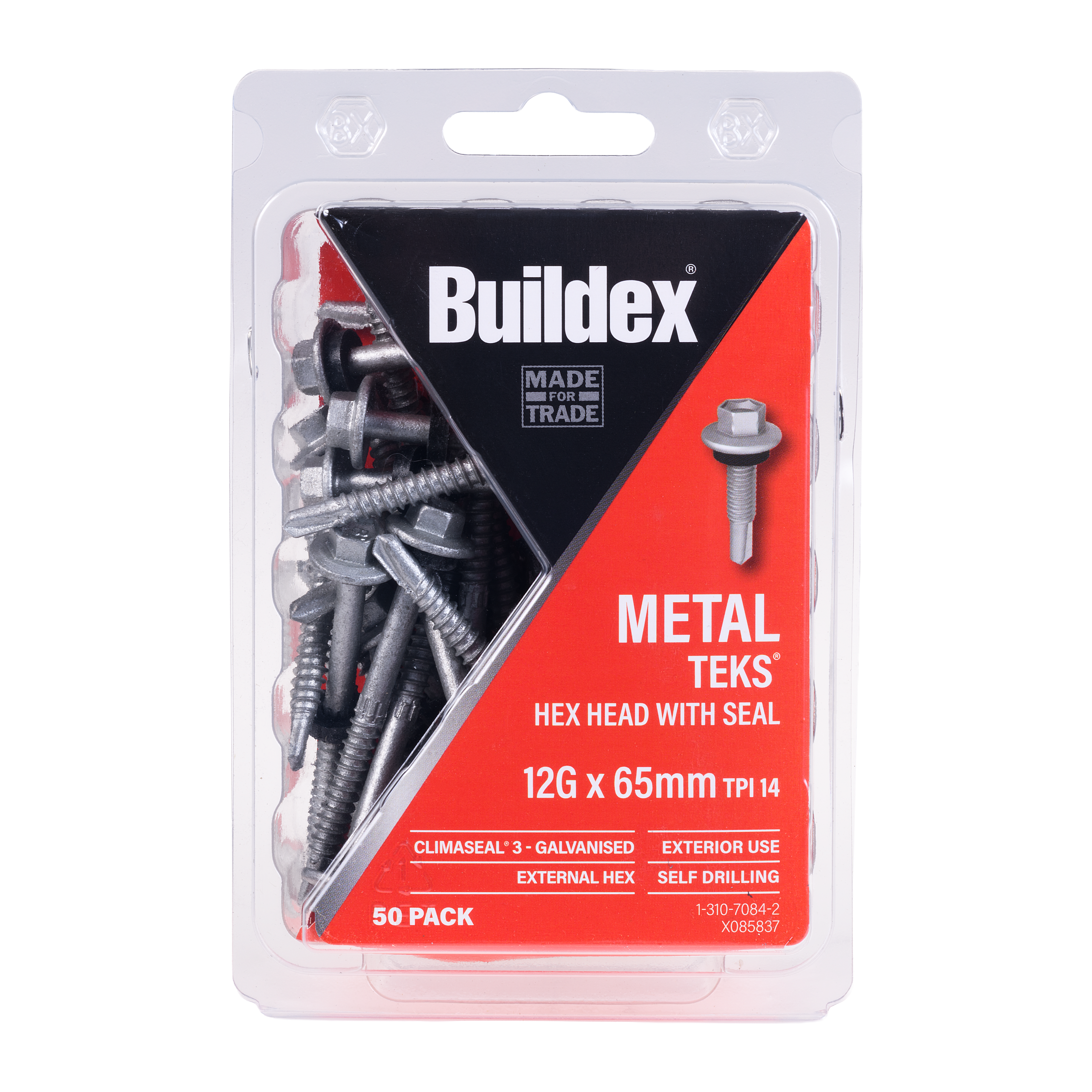 Buildex® Metal Roofing TEKS® Screws 12G x 65mm – Hex Head with Seal – Climaseal® 3 – Pack of 50