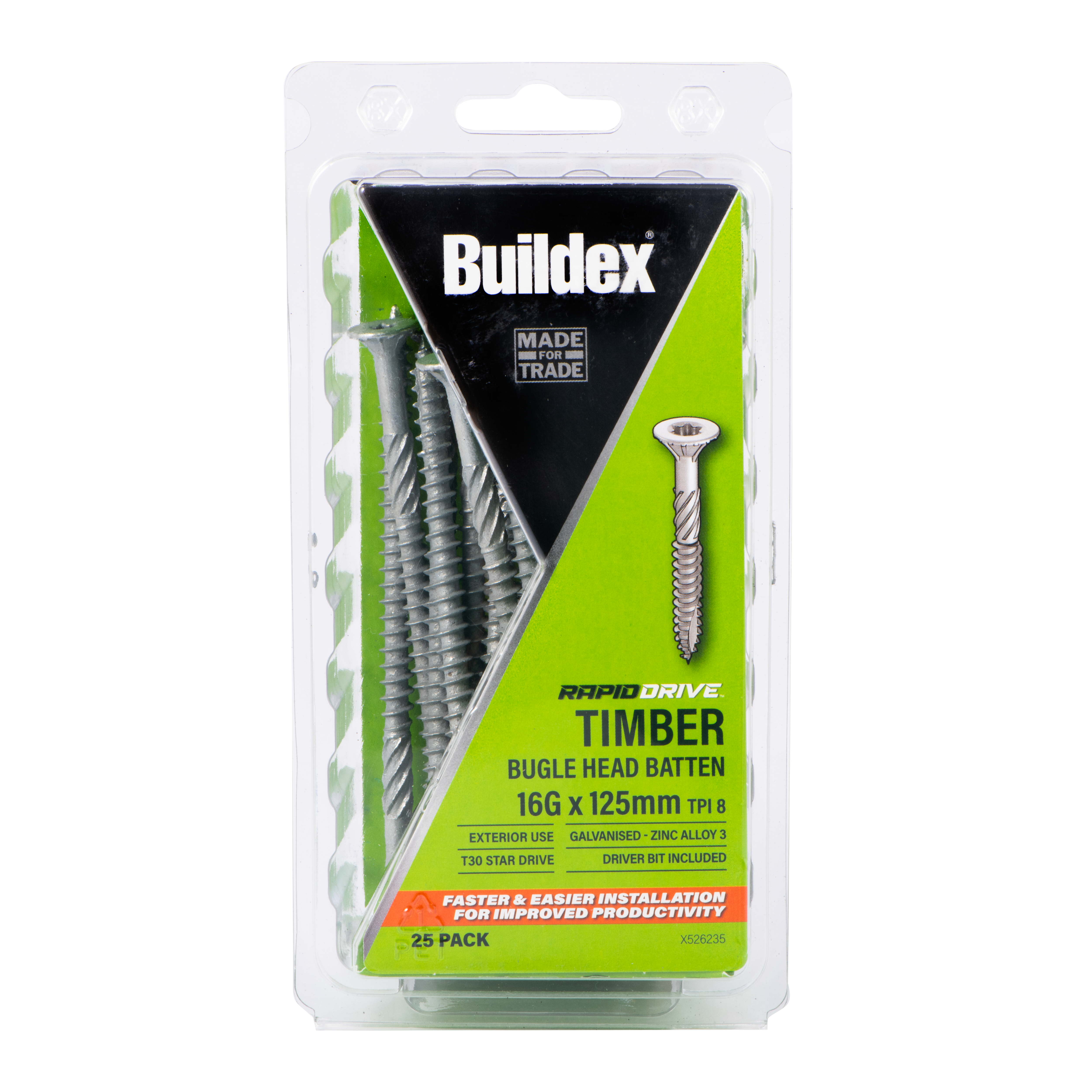 Buildex® RAPIDDRIVE Timber Screws 16G x 125mm – Bugle Head Batten – Galvanised – Zinc Alloy C3 – 25 Pack