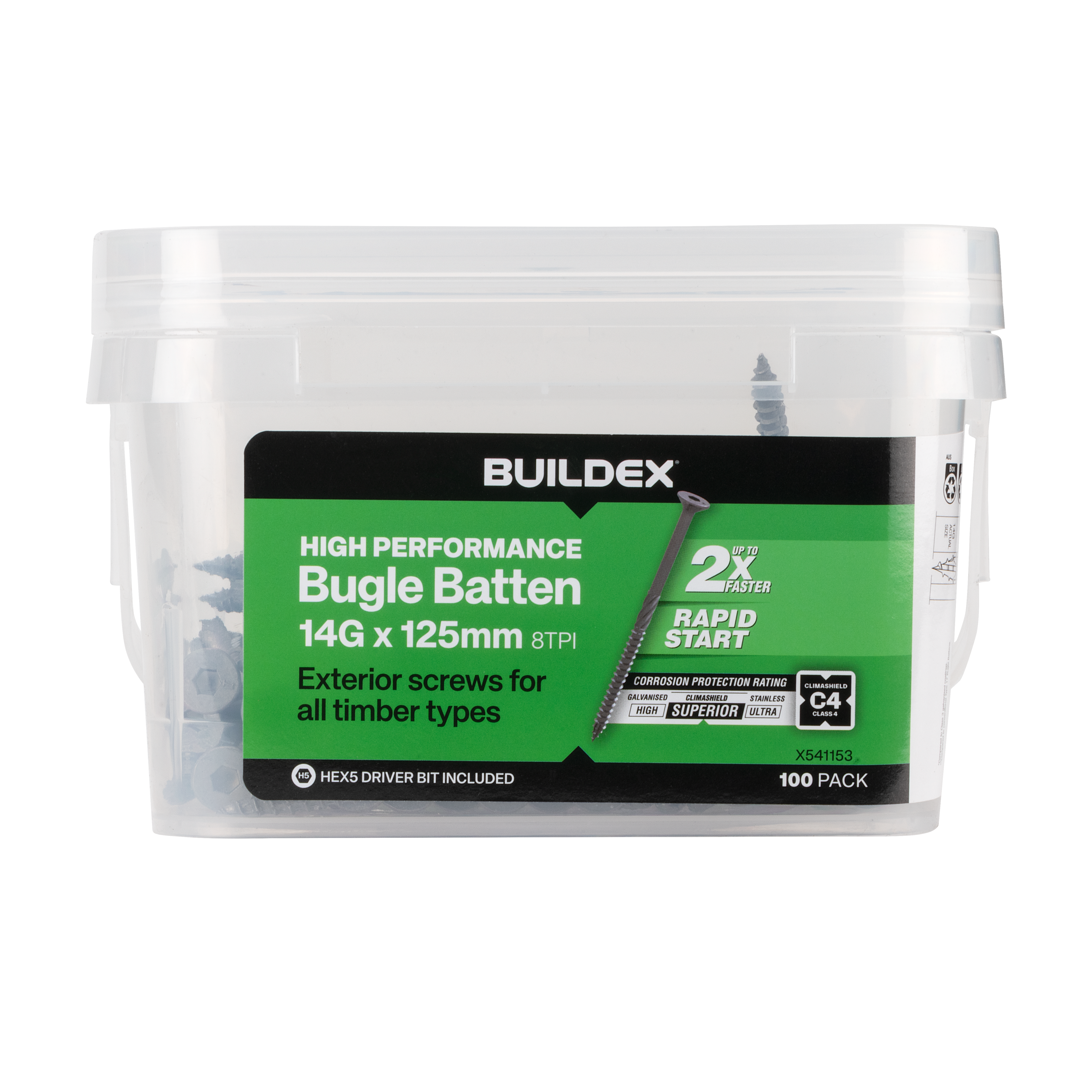 Buildex® High Performance Bugle Batten Screws 14G x 125mm – Hex Head – Climashield Class 4 – 100 Pack