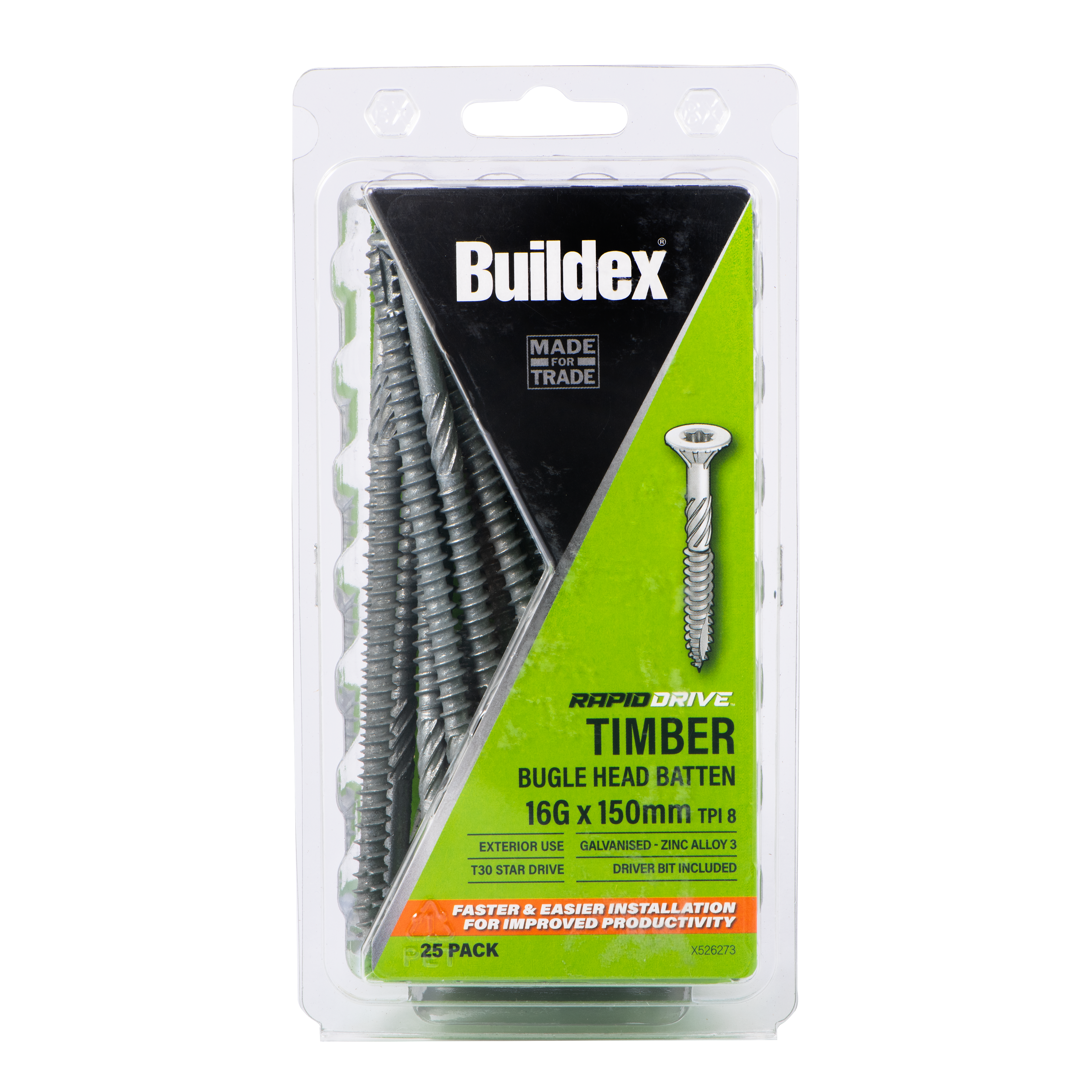 Buildex® RAPIDDRIVE Timber Screws 16G x 150mm – Bugle Head Batten – Galvanised – Zinc Alloy C3 – 25 Pack