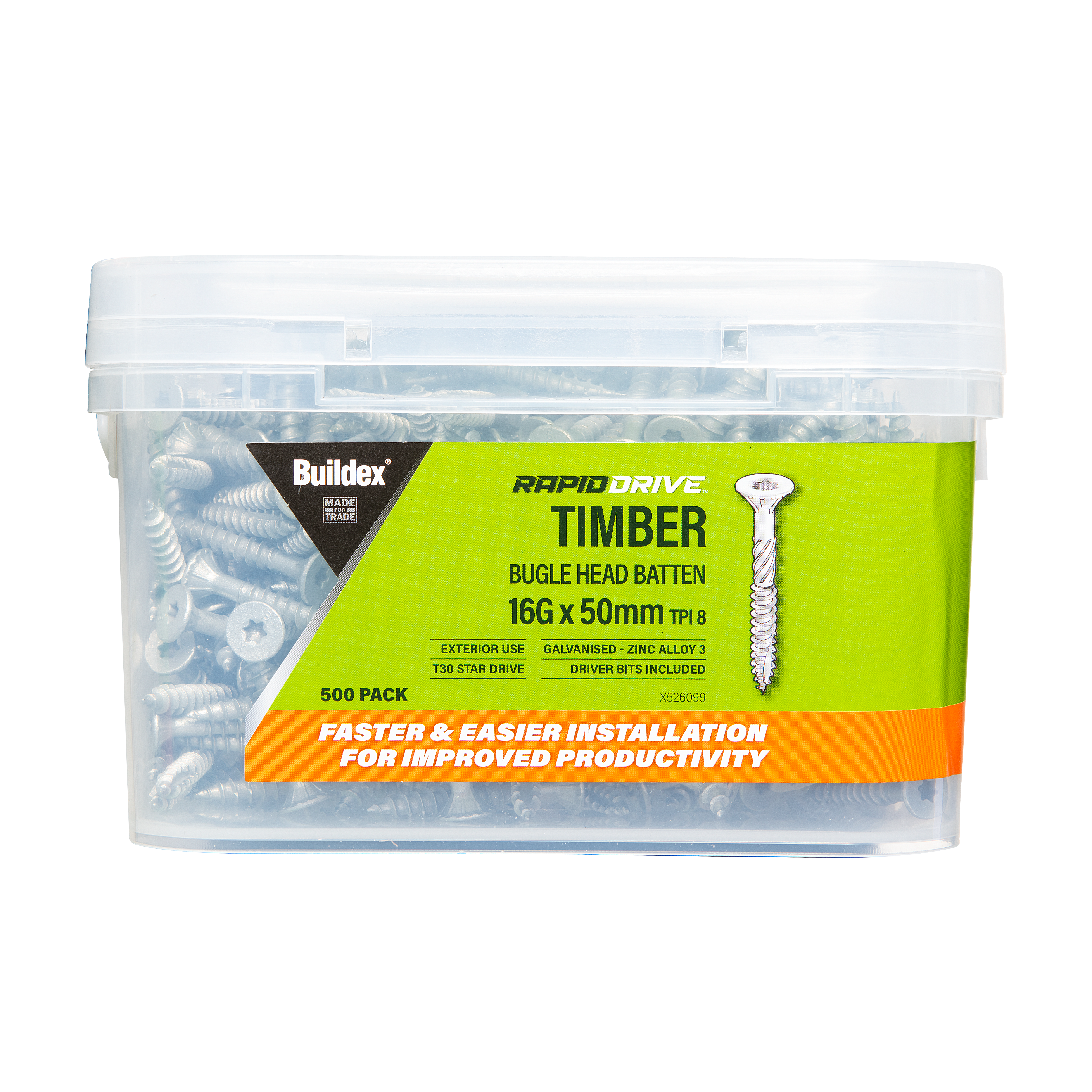 Buildex® RAPIDDRIVE Timber Screws 16G x 50mm – Bugle Head Batten – Galvanised – Zinc Alloy C3 – 500 Pack