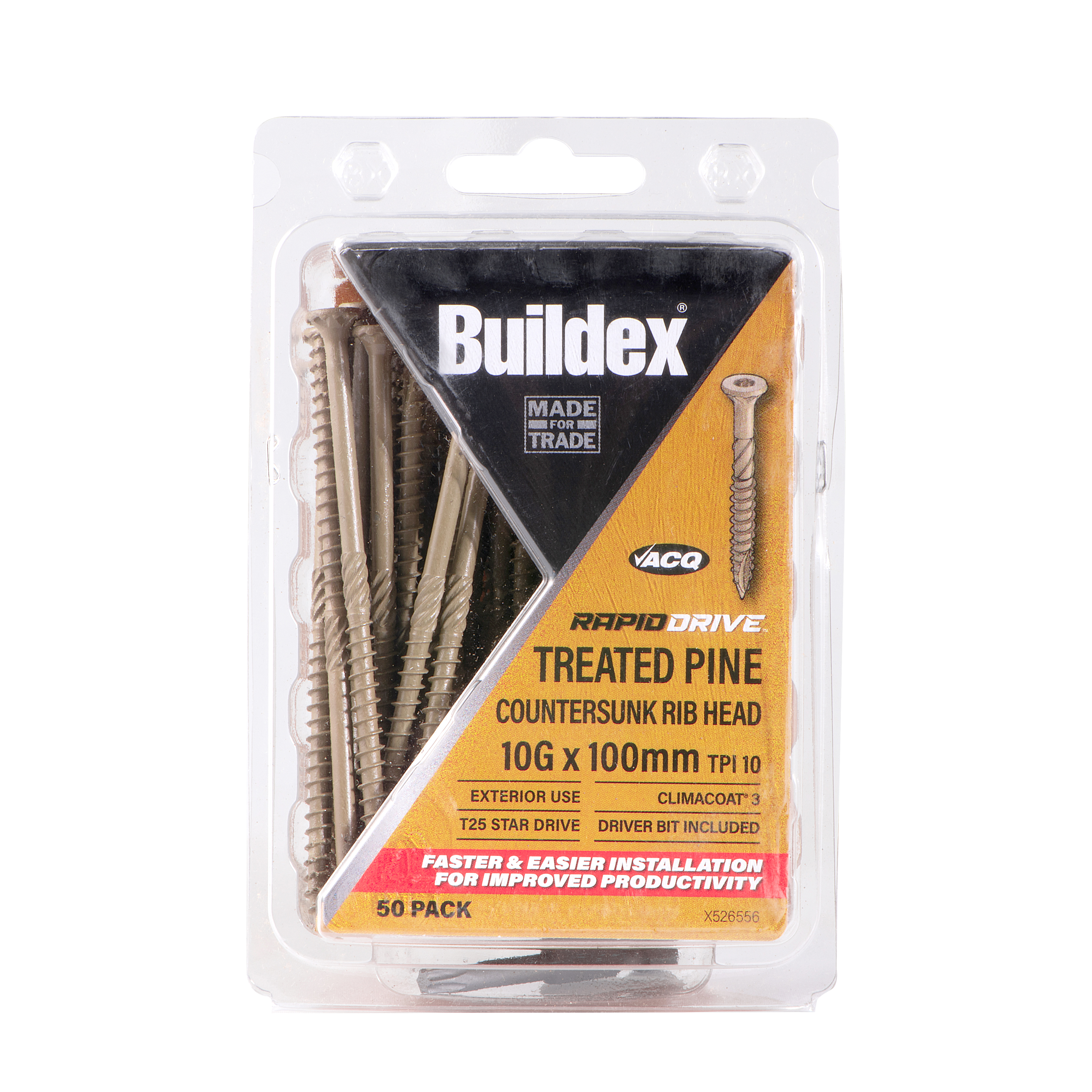 Buildex® RAPIDDRIVE Treated Pine Screws 10G x 100mm – Countersunk Rib Head – Climacoat® 3 – Pack of 50