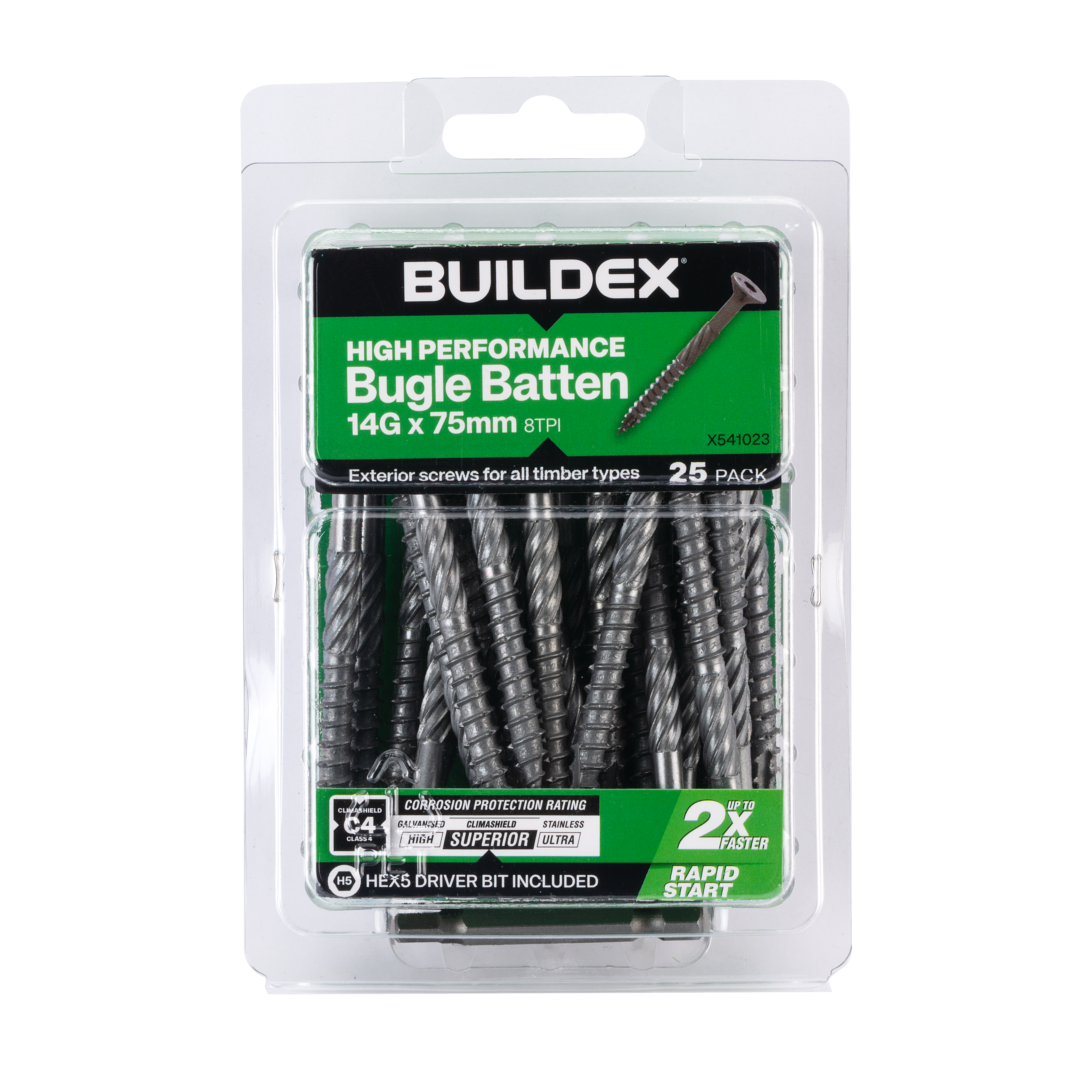 Buildex® High Performance Bugle Batten Screws 14G x 75mm – Hex Head – Climashield Class 4 – 25 Pack
