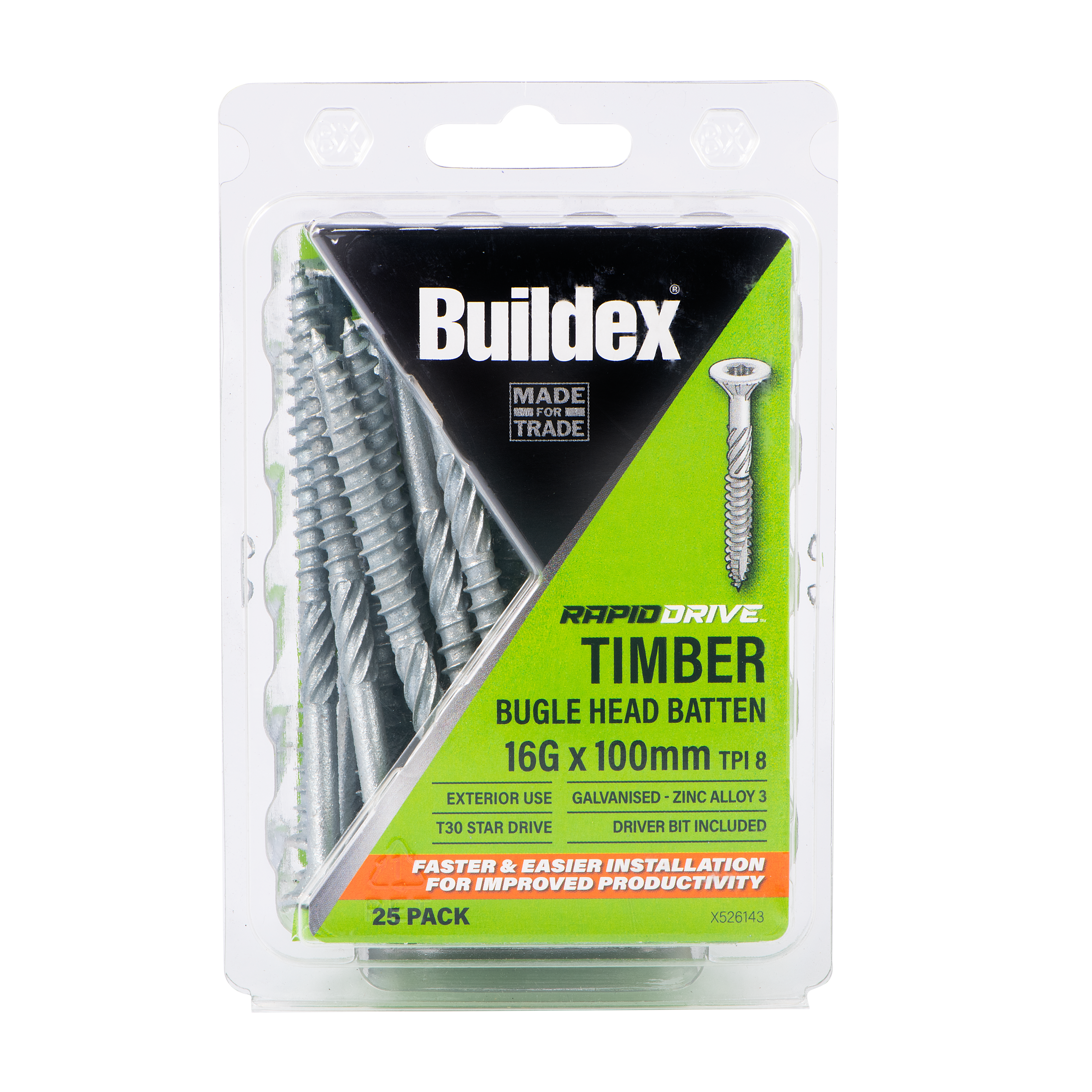 Buildex® RAPIDDRIVE Timber Screws 16G x 100mm – Bugle Head Batten – Galvanised – Zinc Alloy C3 – 25 Pack