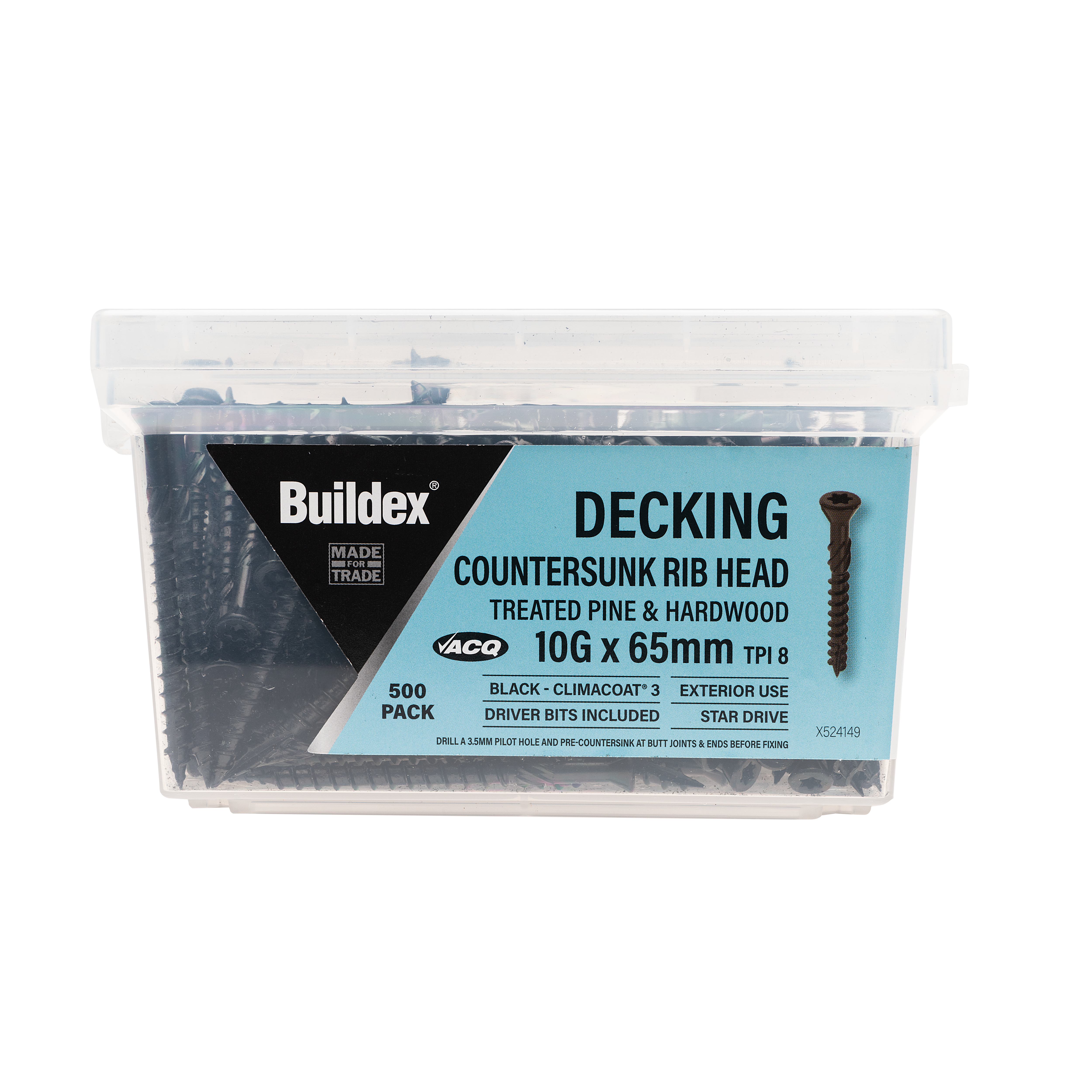 Buildex® Decking Screw 10G x 65mm – Countersunk Rib Head – Black Climacoat® 3 – Pack of 500