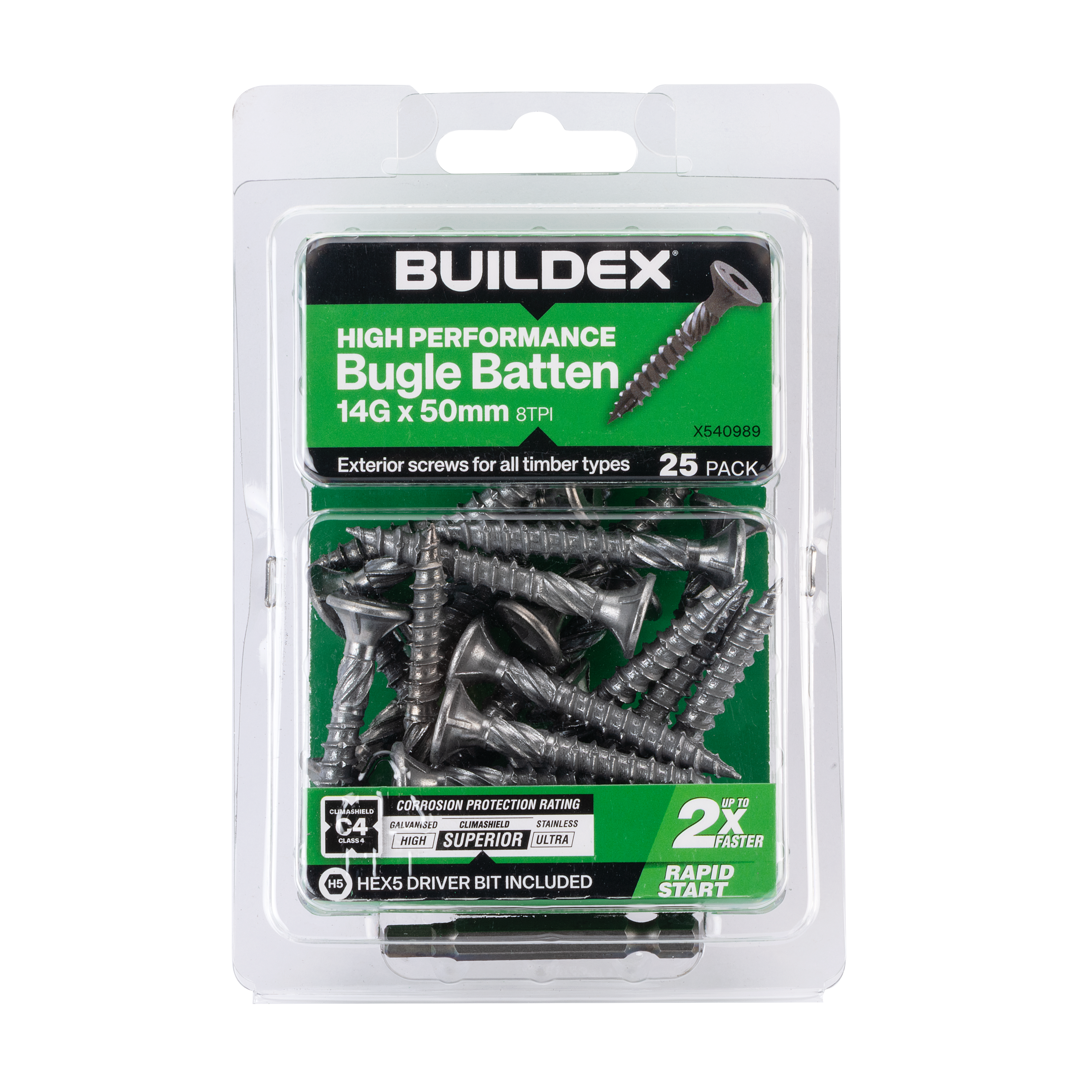 Buildex® High Performance Bugle Batten Screws 14G x 50mm – Hex Head – Climashield Class 4 – 25 Pack