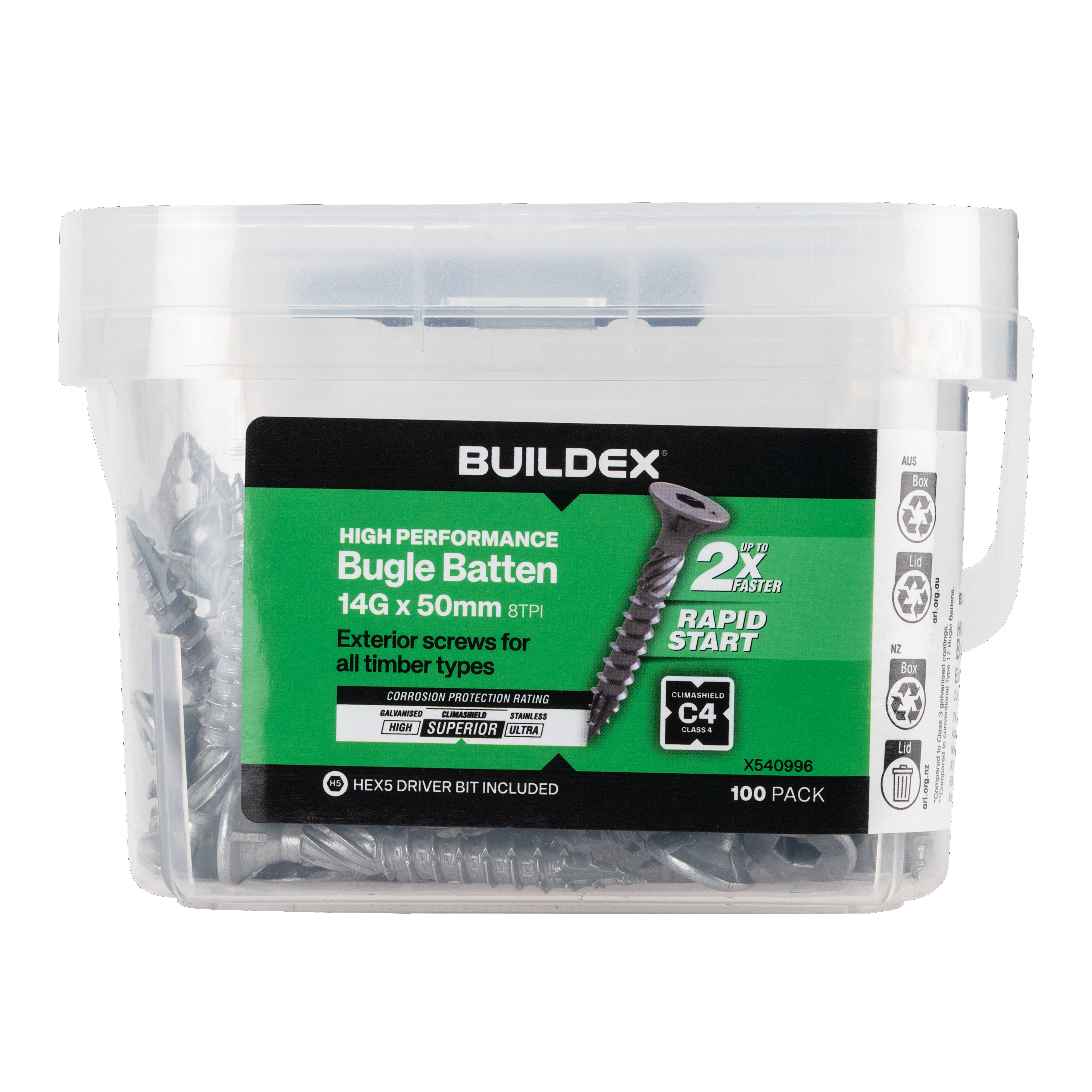 Buildex® High Performance Bugle Batten Screws 14G x 50mm – Hex Head – Climashield Class 4 – 100 Pack