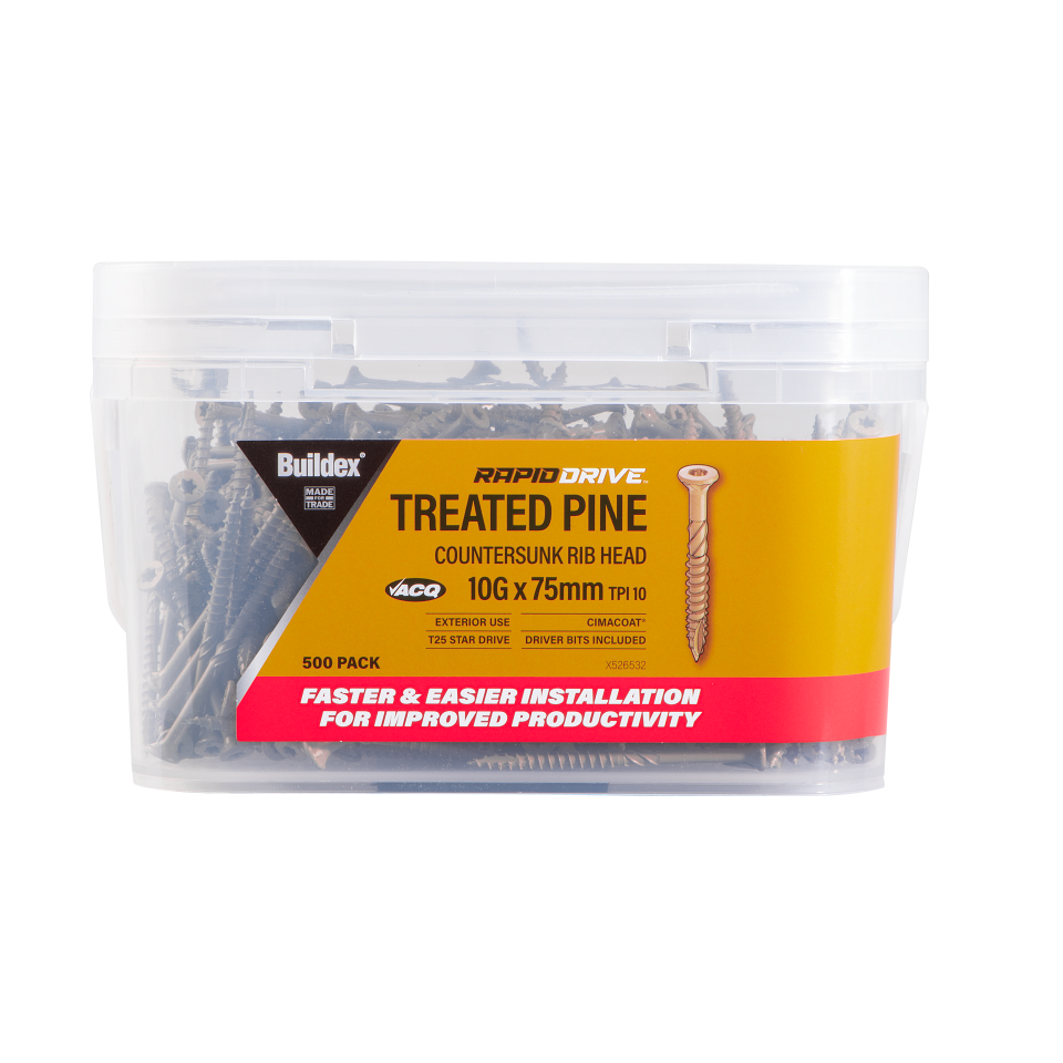 Buildex® RAPIDDRIVE Treated Pine Screws 10G x 75mm – Countersunk Rib Head – Climacoat® 3 – Pack of 500