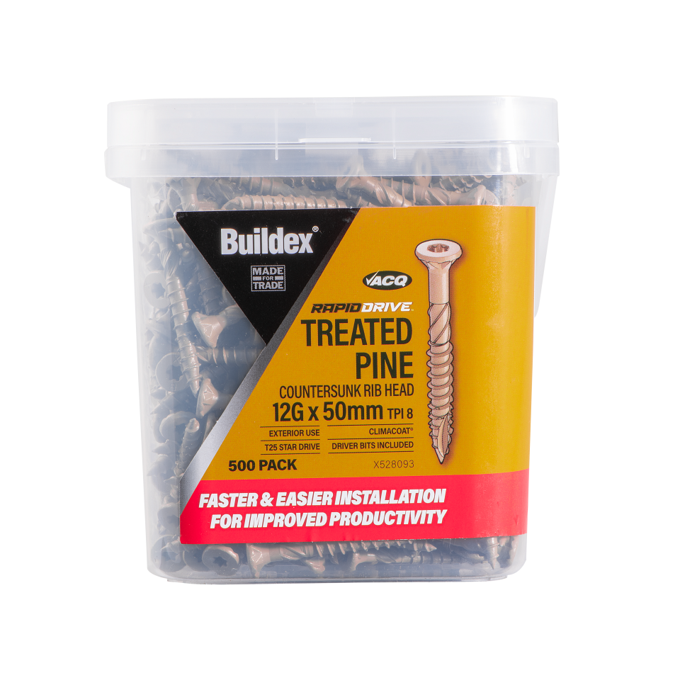 Buildex® RAPIDDRIVE Treated Pine Screws 12G x 50mm – Countersunk Rib Head – Climacoat® 3 – Pack of 500