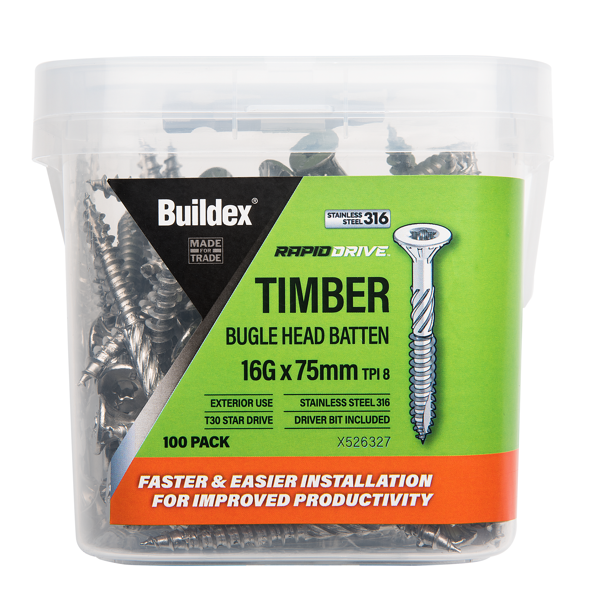Buildex® RAPIDDRIVE Timber Screws 16G x 75mm – Bugle Head Batten – Stainless Steel 316 – 100 Pack