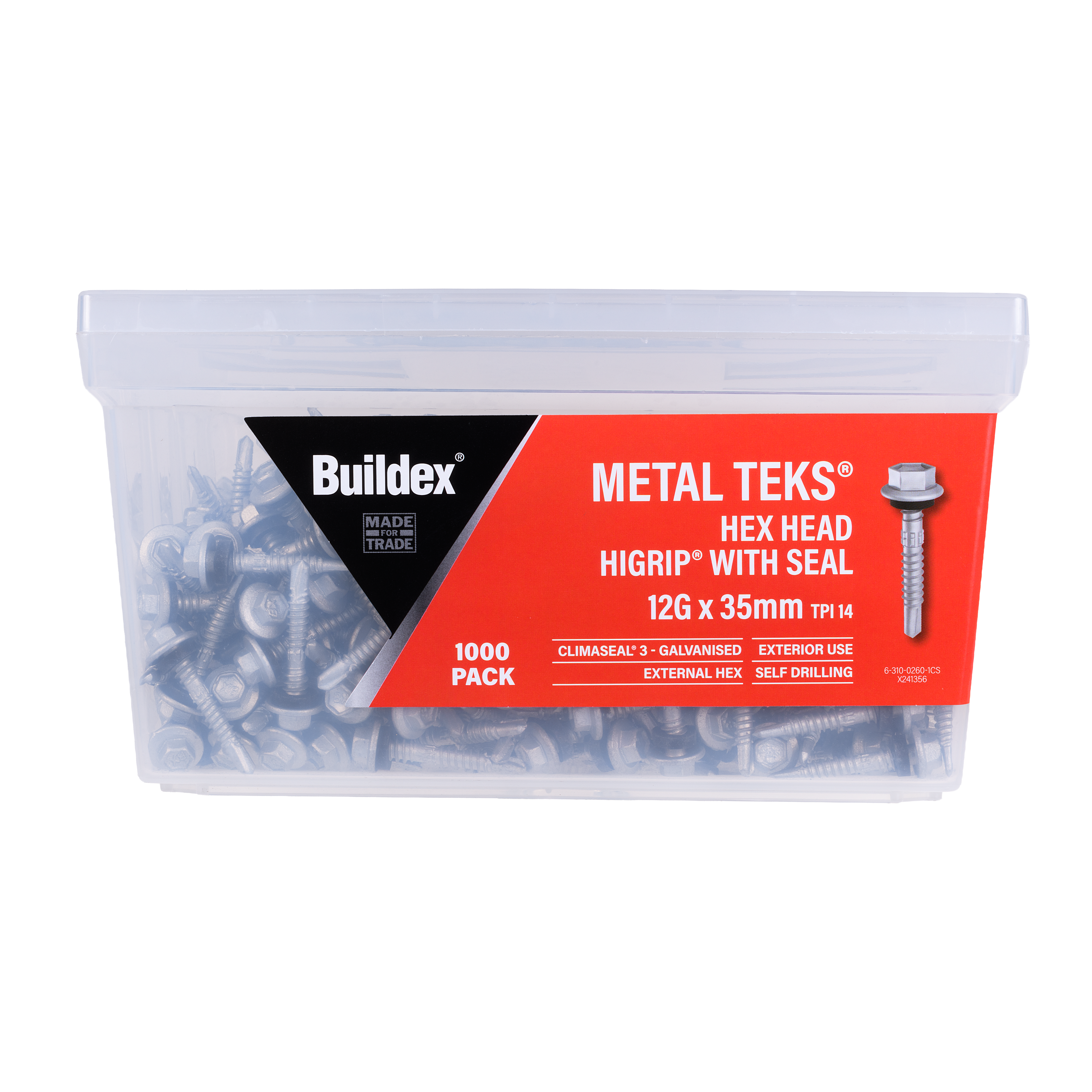 Buildex® Metal TEKS® Screws 12G x 35mm – Hex Head HiGrip® with Seal – Climaseal® 3 – Pack of 1000