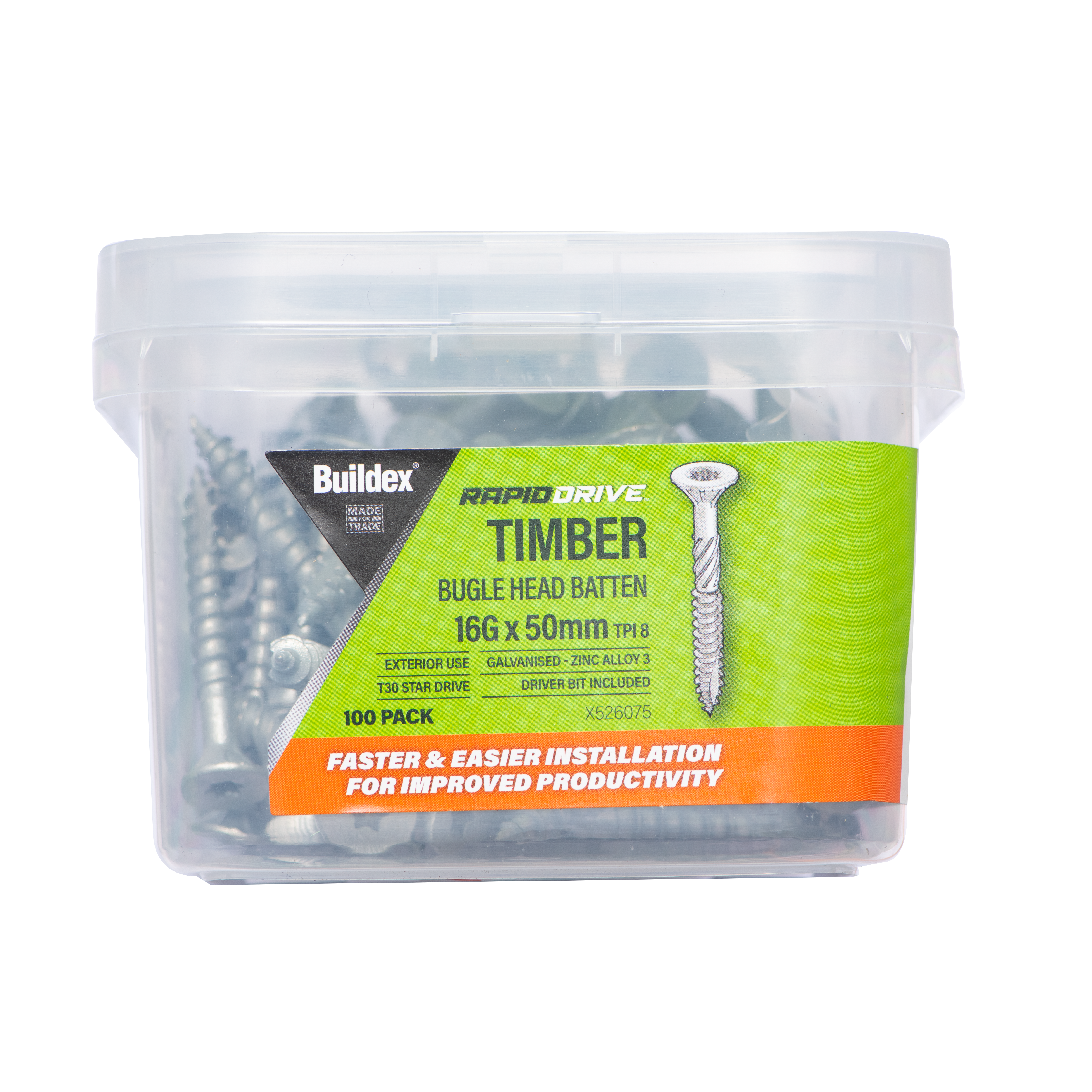Buildex® RAPIDDRIVE Timber Screws 16G x 50mm – Bugle Head Batten – Galvanised – Zinc Alloy C3 – 100 Pack