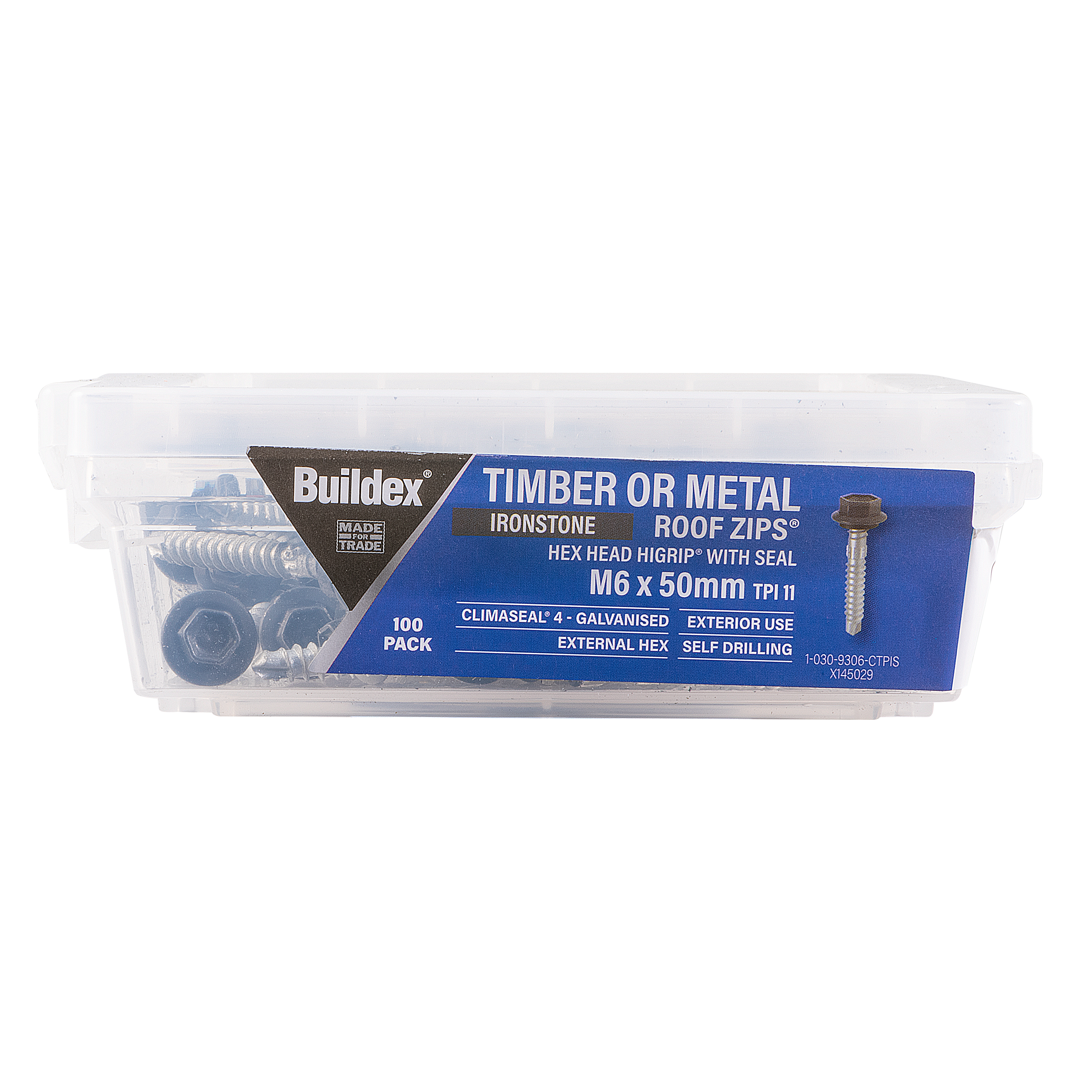Buildex® Timber or Metal RoofZIPS® M6 x 50mm – Ironstone – Hex Head HiGrip® with Seal – Climaseal® 4 – Pack of 100