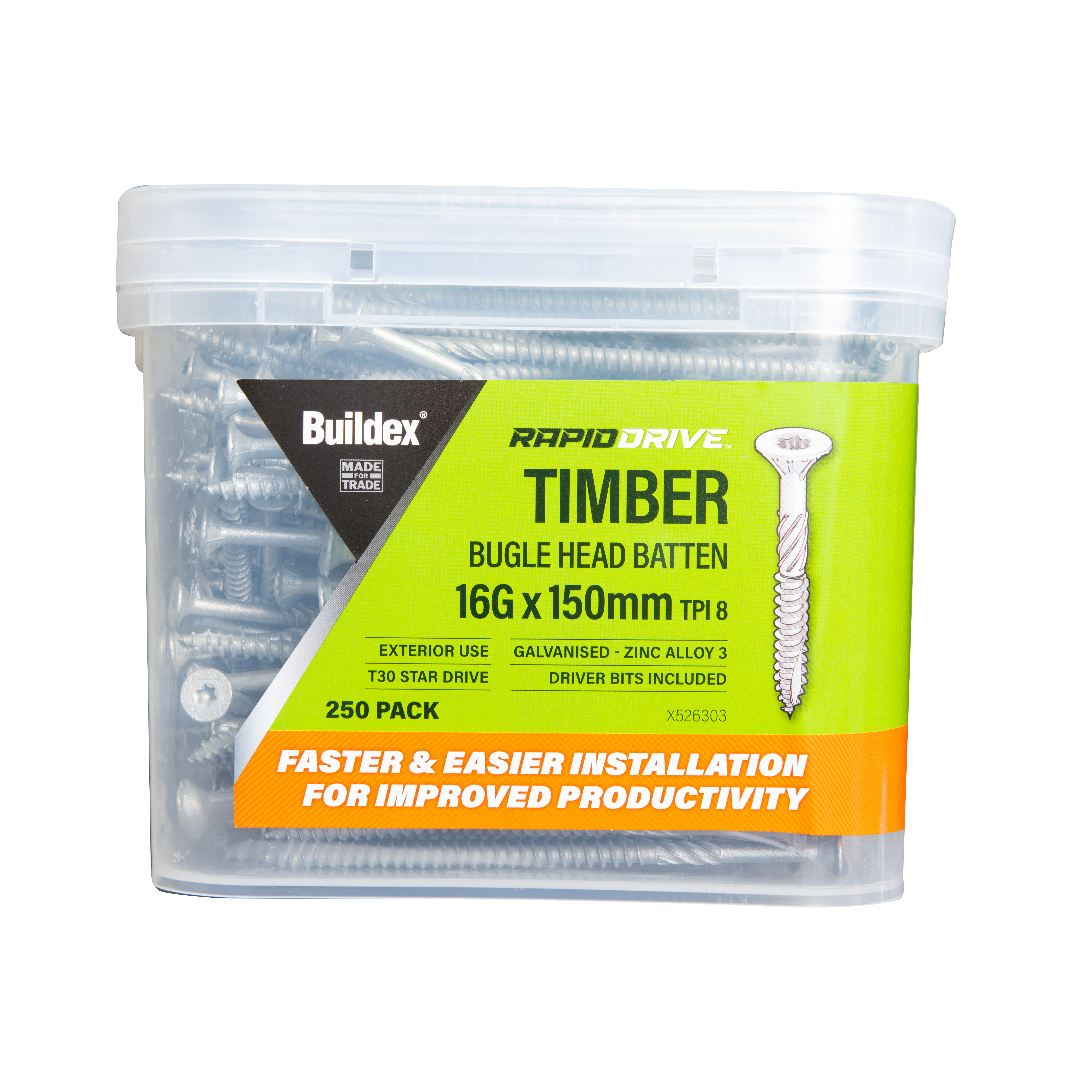 Buildex® RAPIDDRIVE Timber Screws 16G x 150mm – Bugle Head Batten – Galvanised – Zinc Alloy C3 – 250 Pack
