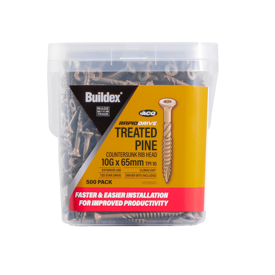 Buildex® RAPIDDRIVE Treated Pine Screws 10G x 65mm – Countersunk Rib Head – Climacoat® 3 – Pack of 500