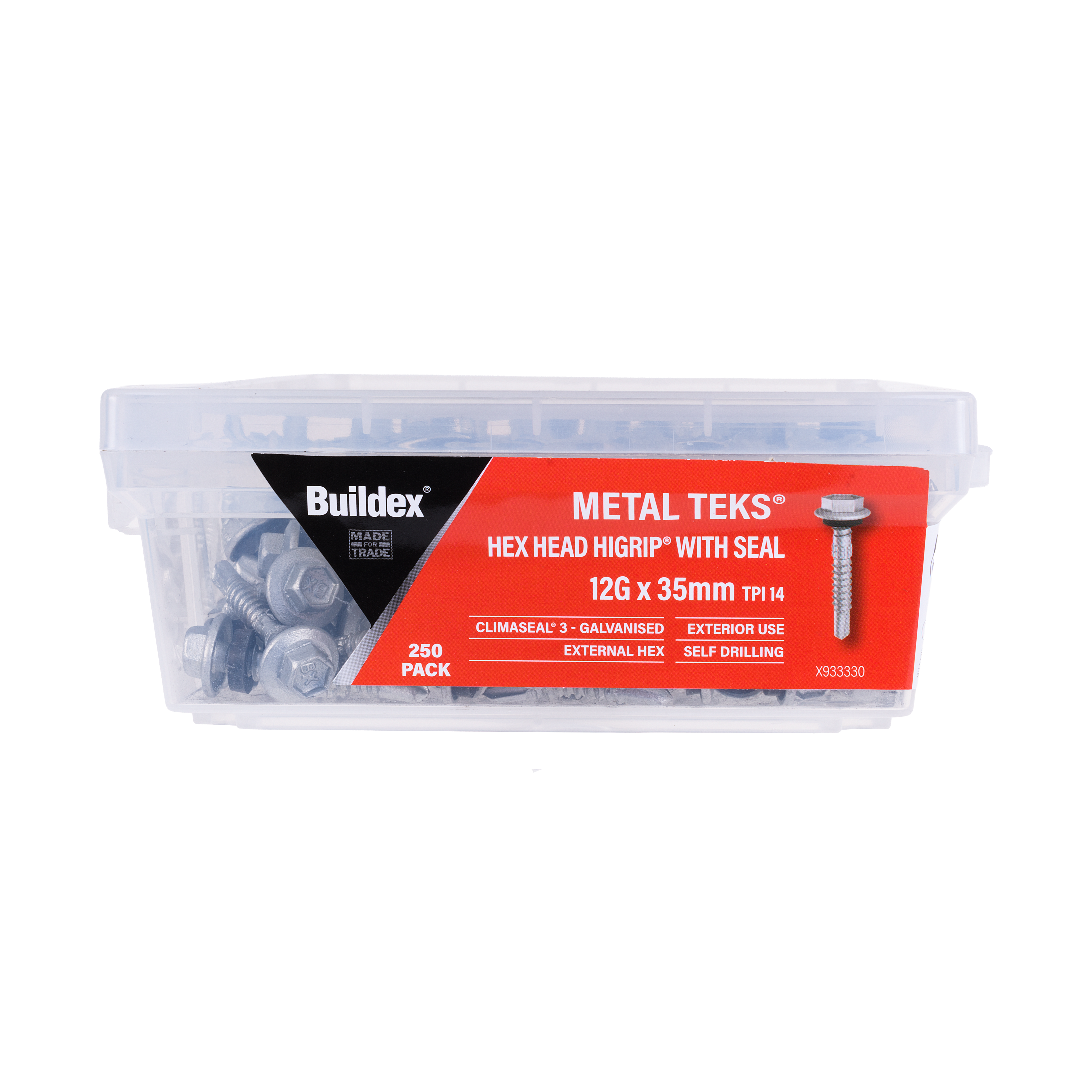 Buildex® Metal TEKS® Screws 12G x 50mm – Hex Head HiGrip® with Seal – Climaseal® 3 – Pack of 250