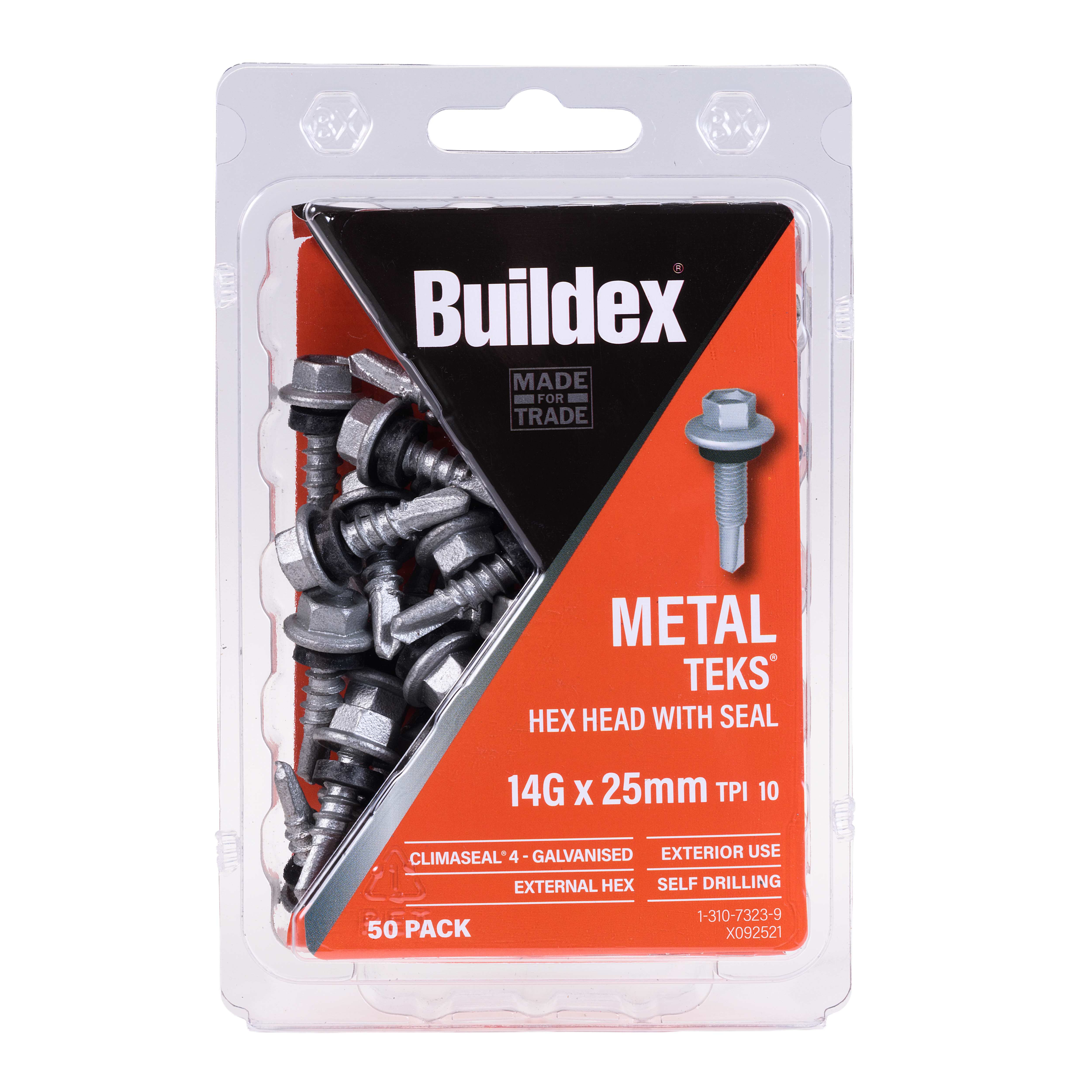 Buildex® Metal TEKS® Screws 14G x 25mm – Hex Head with Seal – Climaseal® 4 – 50 Pack