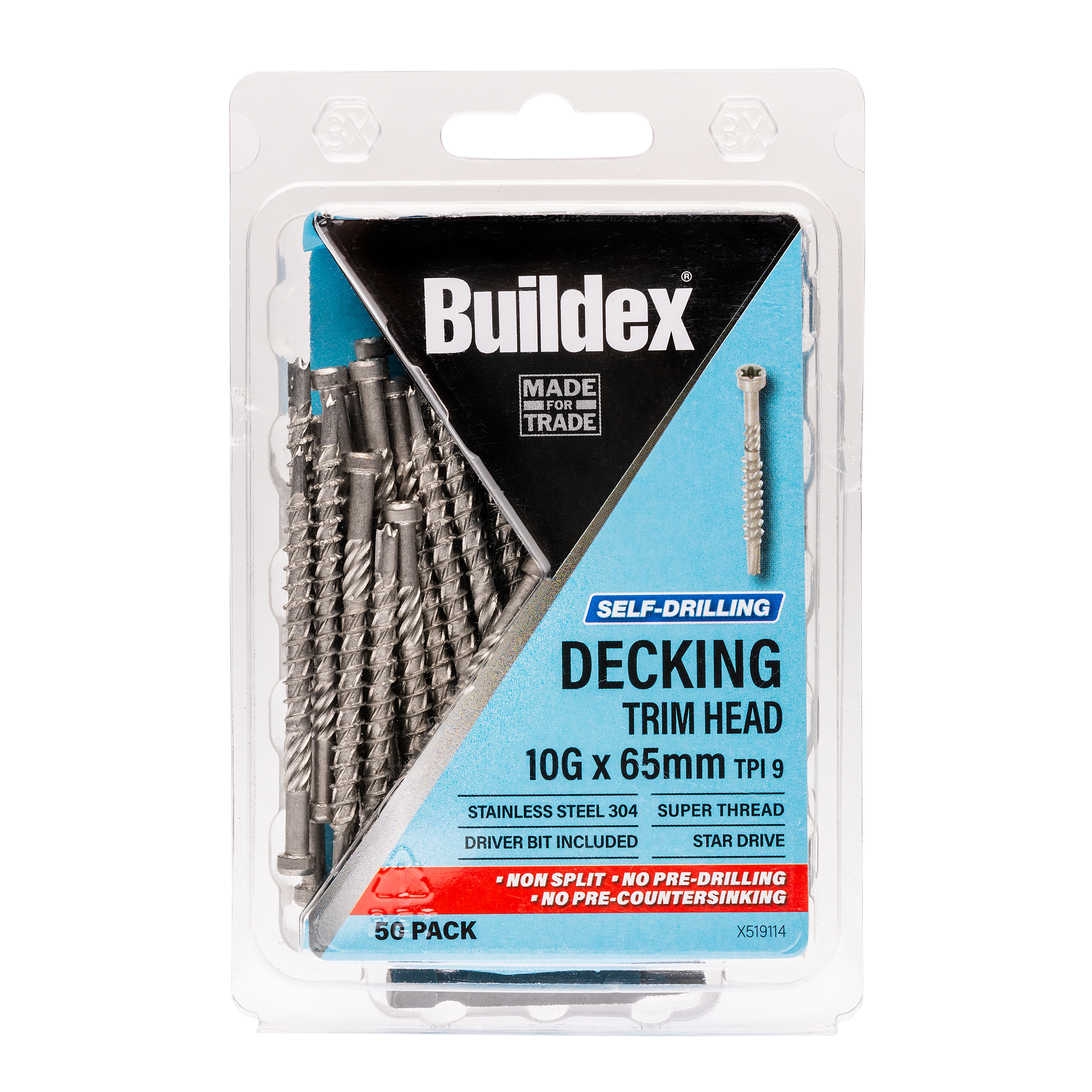 Buildex® Decking Screw 10G x 65mm – Trim Head – Stainless Steel 304 – Pack of 50