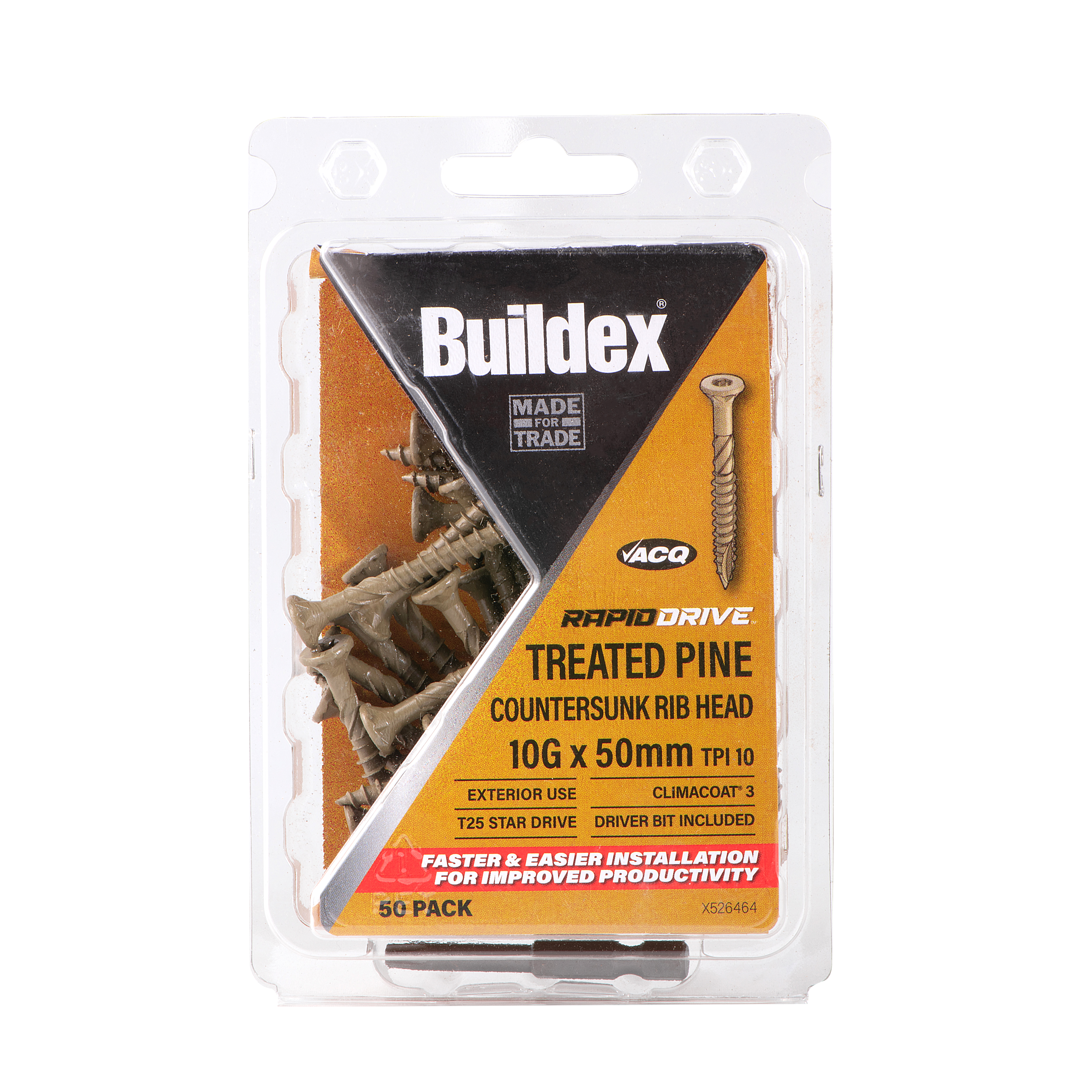 Buildex® RAPIDDRIVE Treated Pine Screws 10G x 50mm – Countersunk Rib Head – Climacoat® 3 – Pack of 50