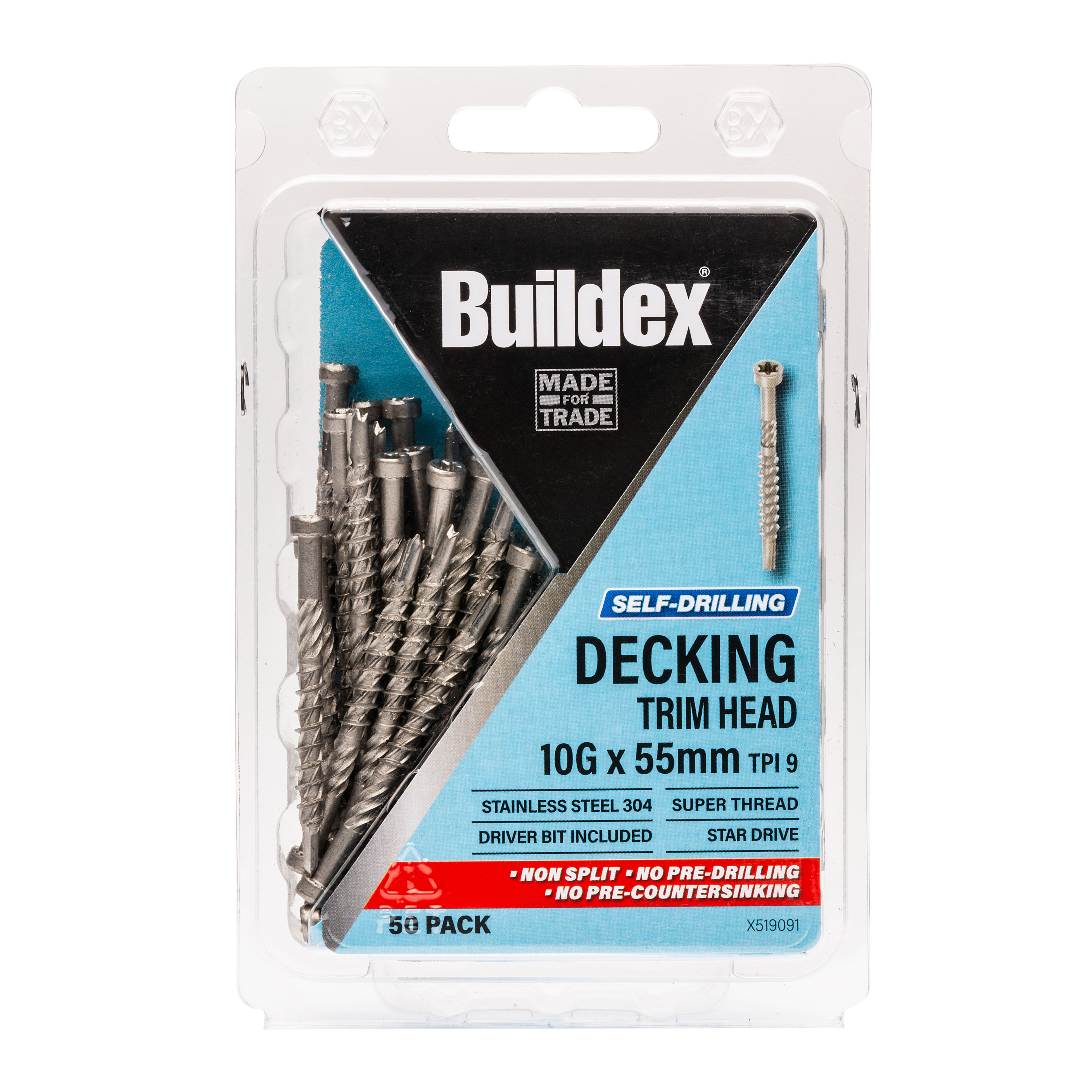 Buildex® Decking Screw 10G x 55mm – Trim Head – Stainless Steel 304 – Pack of 50