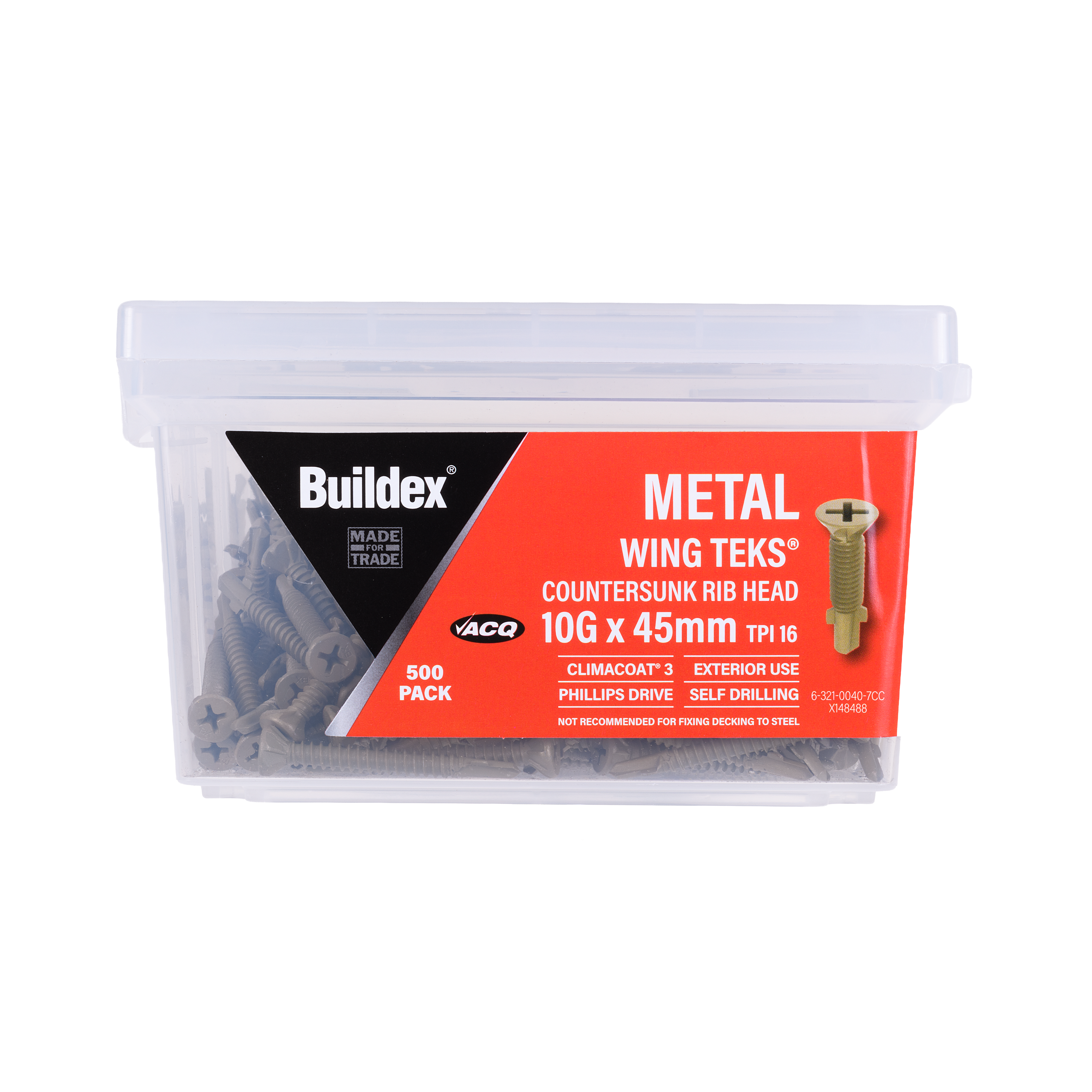 Buildex® Metal Wing TEKS® Screws 10G x 45mm – Countersunk Rib Head – Climacoat® 3 – Pack of 500